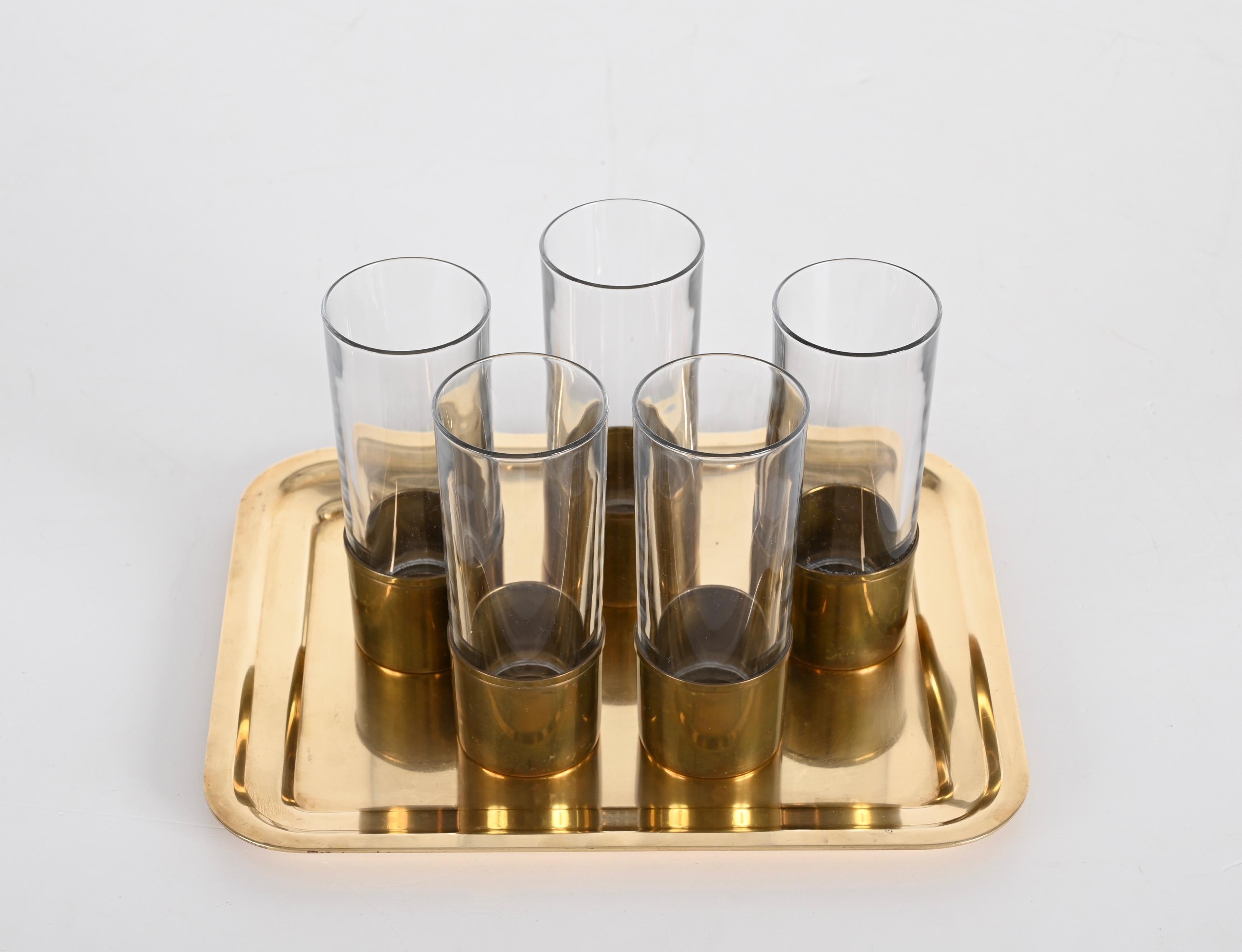 Delvè MidCentury Italian Brass and Glass Set of Glasses and Tray for Delfi 1970s In Good Condition For Sale In Roma, IT