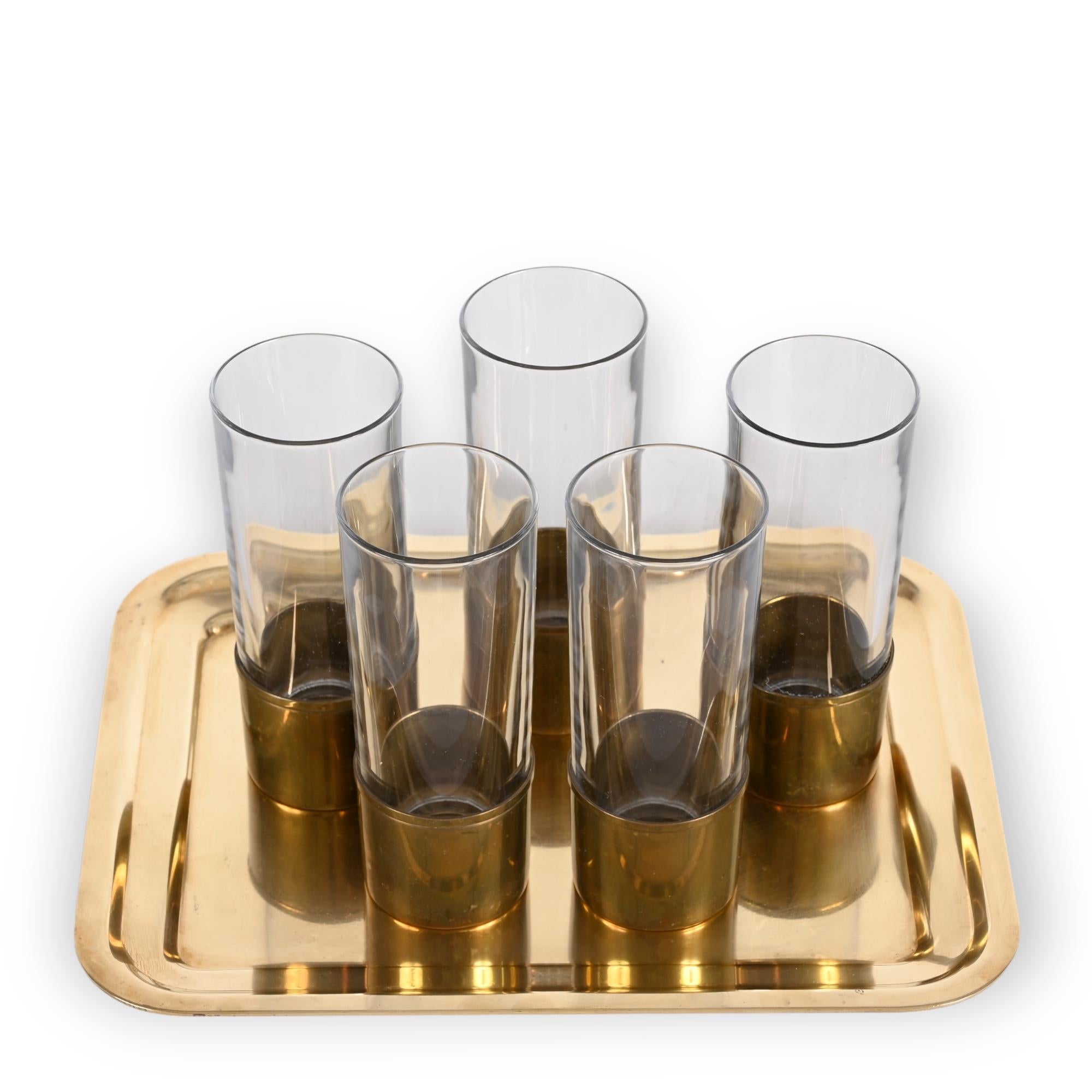 20th Century Delvè MidCentury Italian Brass and Glass Set of Glasses and Tray for Delfi 1970s For Sale