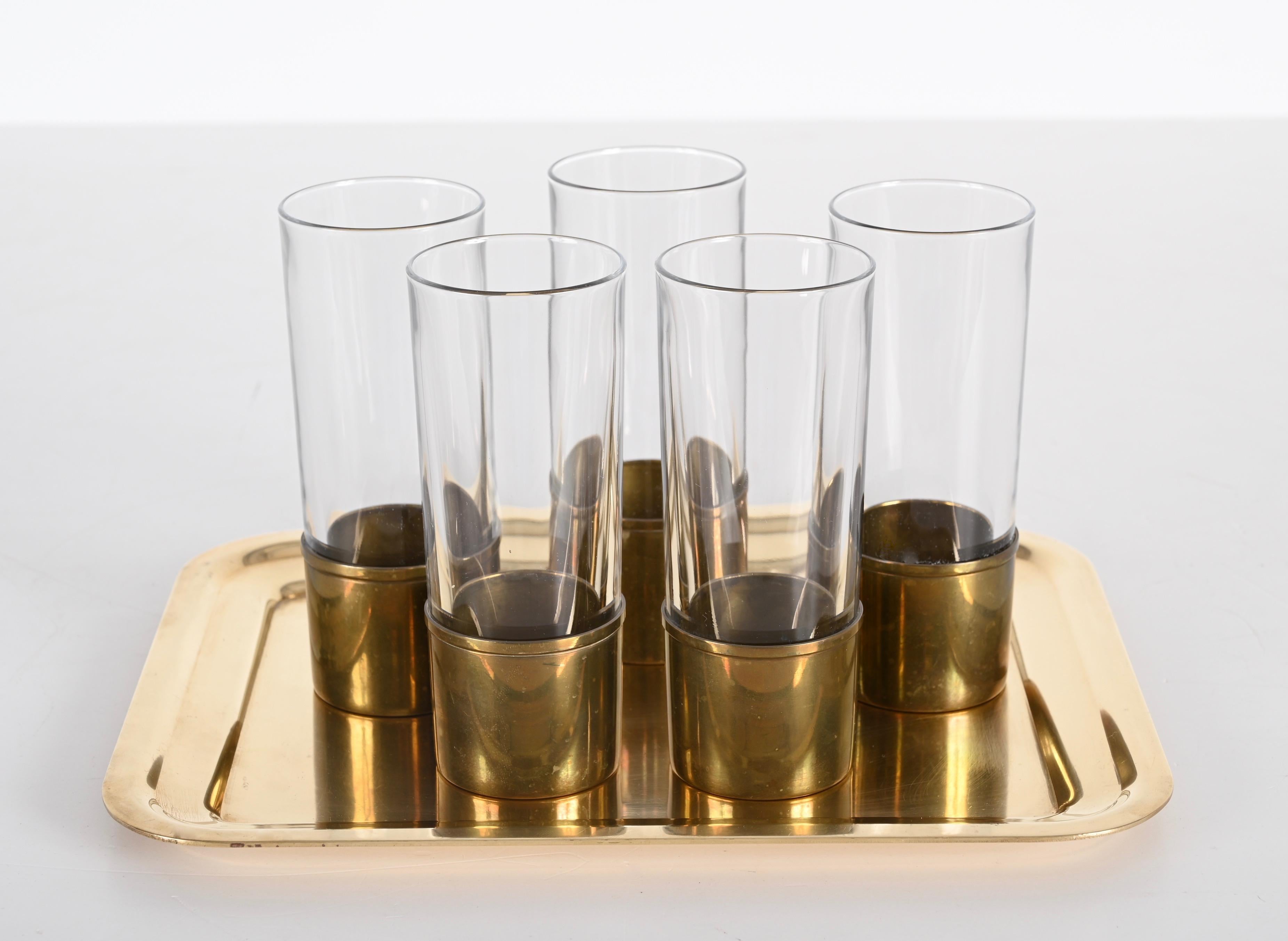 Delvè MidCentury Italian Brass and Glass Set of Glasses and Tray for Delfi 1970s For Sale 1