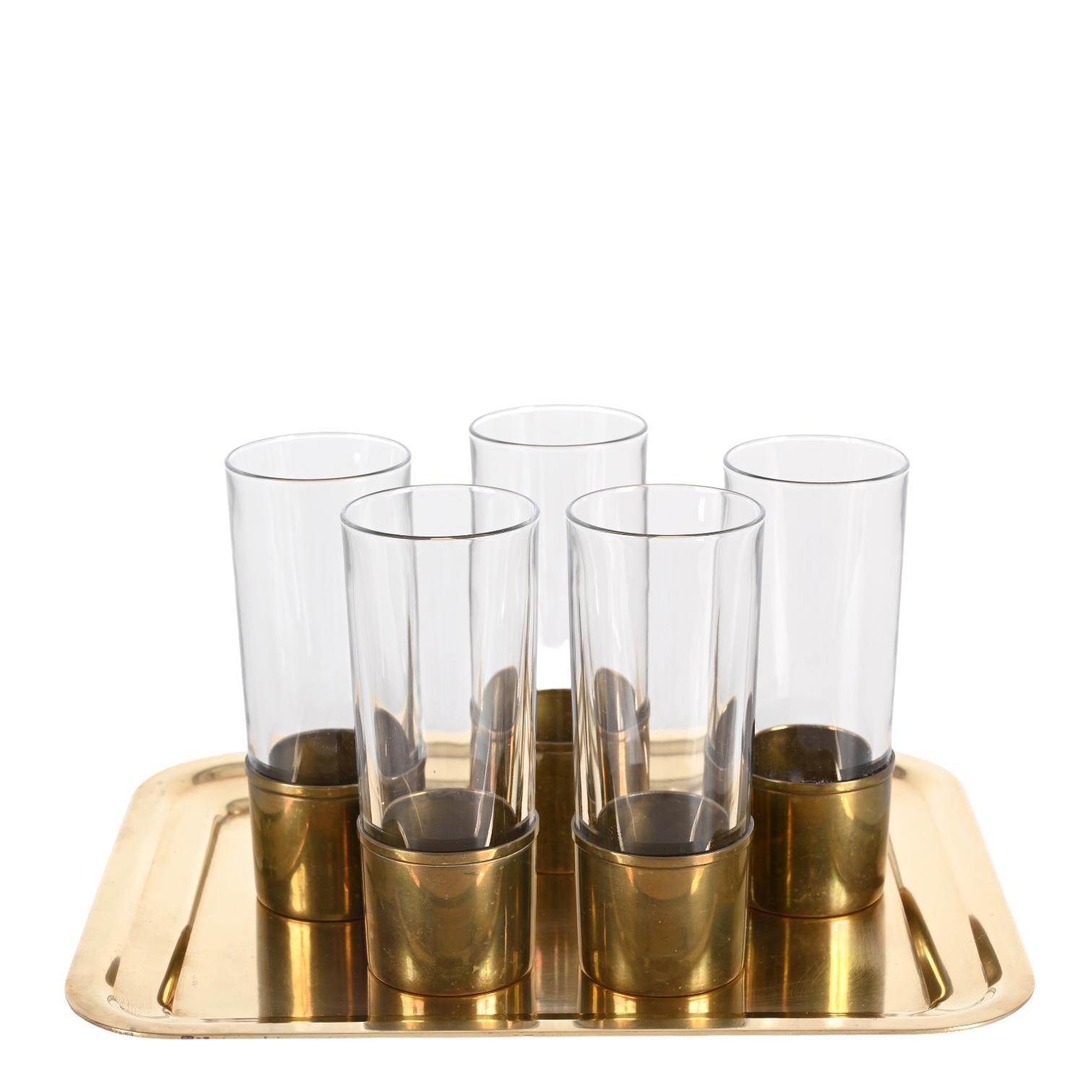 Delvè MidCentury Italian Brass and Glass Set of Glasses and Tray for Delfi 1970s For Sale 2