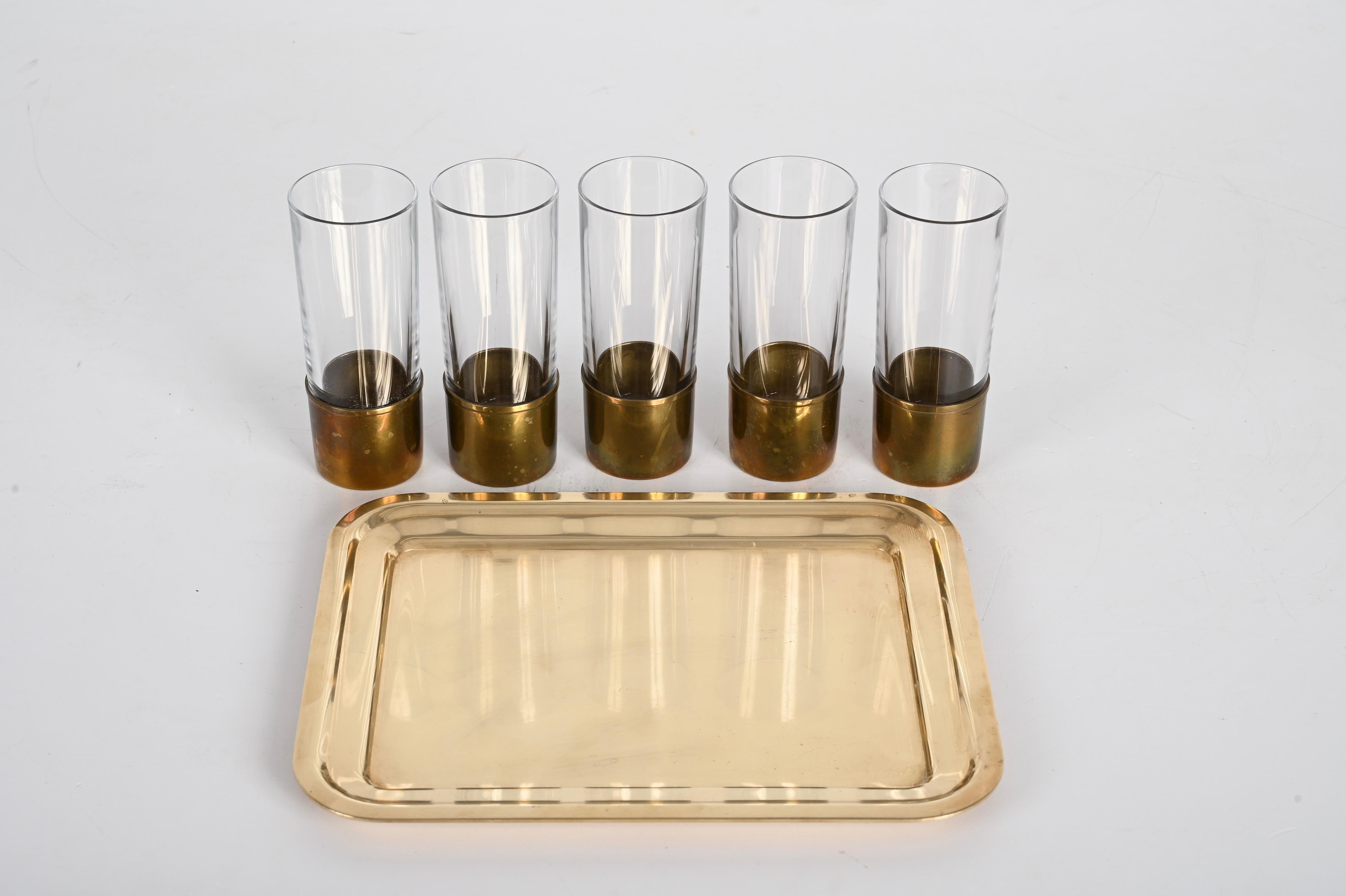 Delvè MidCentury Italian Brass and Glass Set of Glasses and Tray for Delfi 1970s For Sale 3