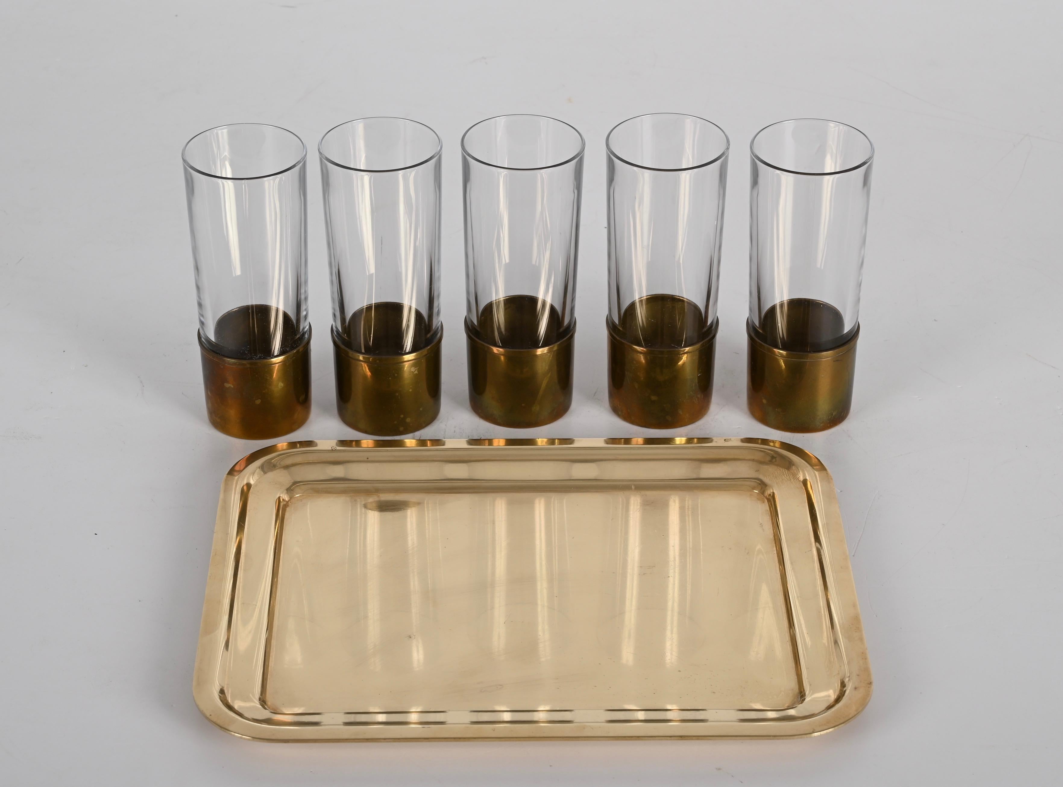 Delvè MidCentury Italian Brass and Glass Set of Glasses and Tray for Delfi 1970s For Sale 4