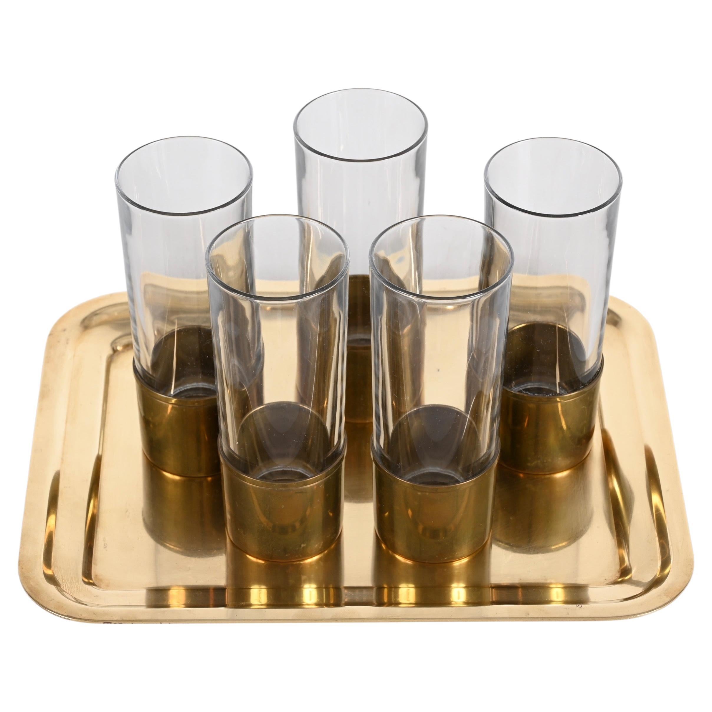 Delvè MidCentury Italian Brass and Glass Set of Glasses and Tray for Delfi 1970s For Sale