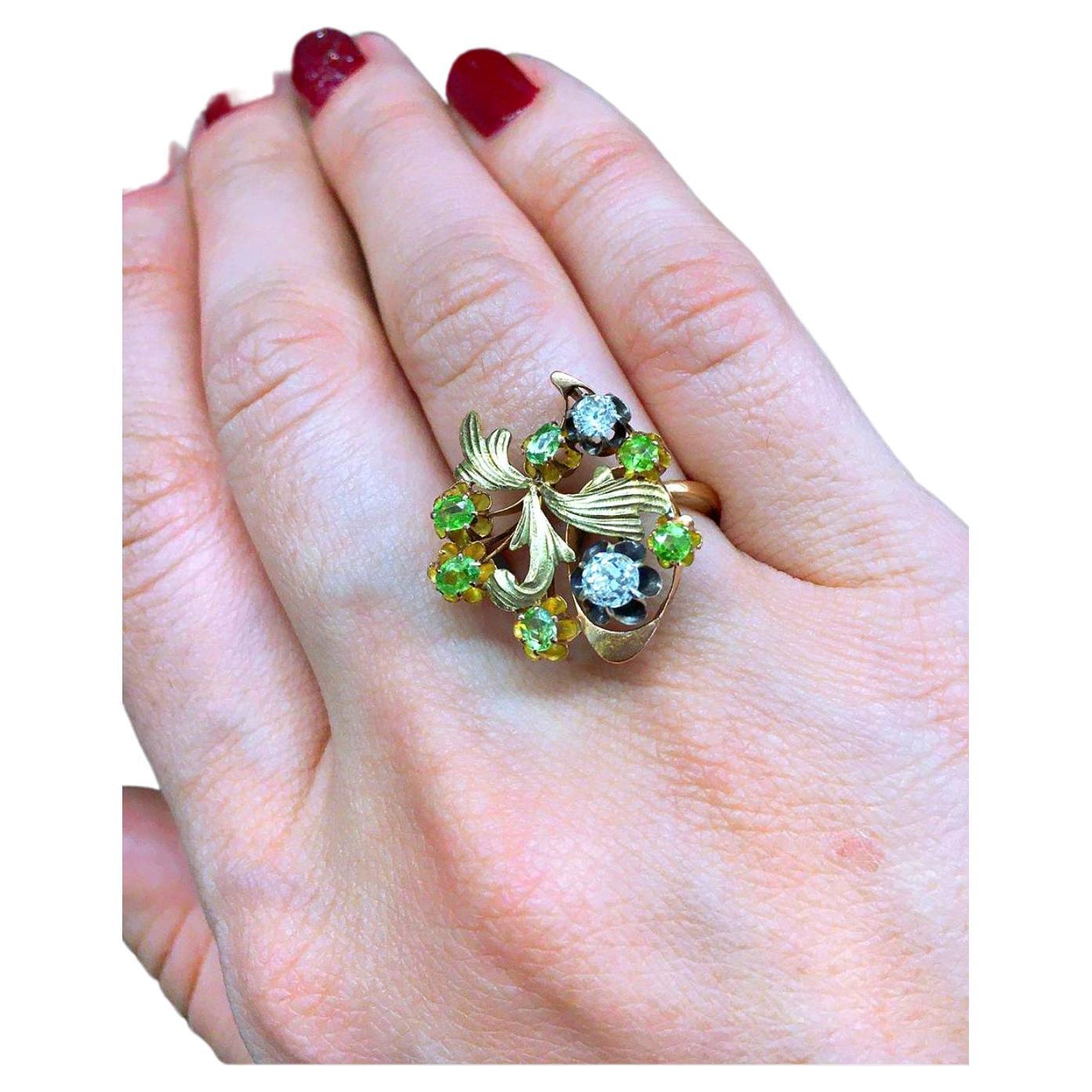 Women's Demantoid And Old Mine Cut Diamond Gold Ring For Sale