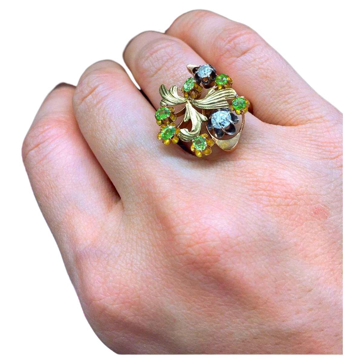 Demantoid And Old Mine Cut Diamond Gold Ring For Sale 1