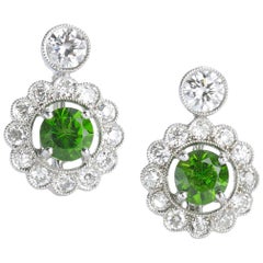 Demantoid Garnet and Diamond Platinum Cluster Earrings