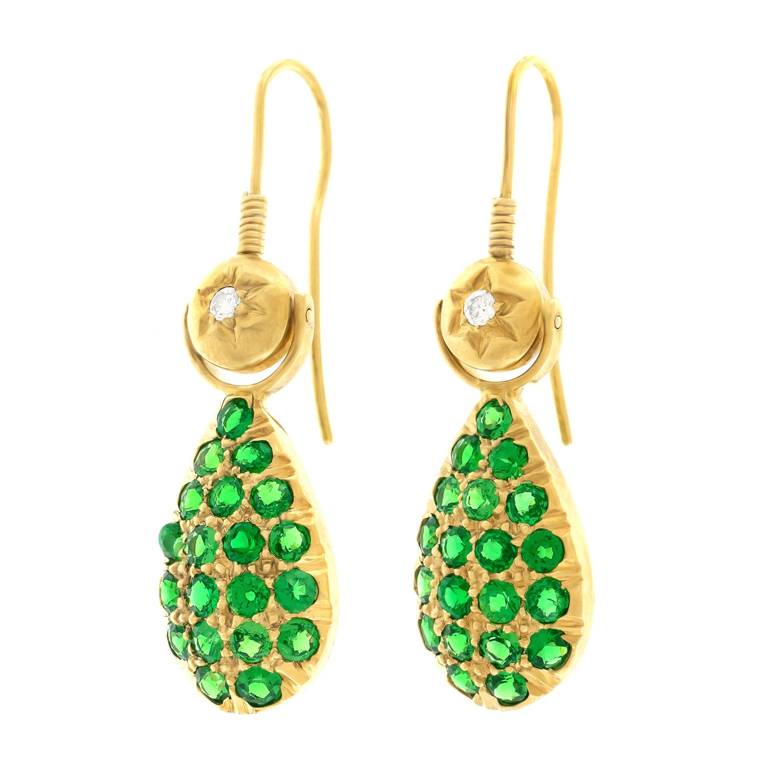 Demantoid Garnet and Diamond Set Gold Earrings In Excellent Condition In Litchfield, CT