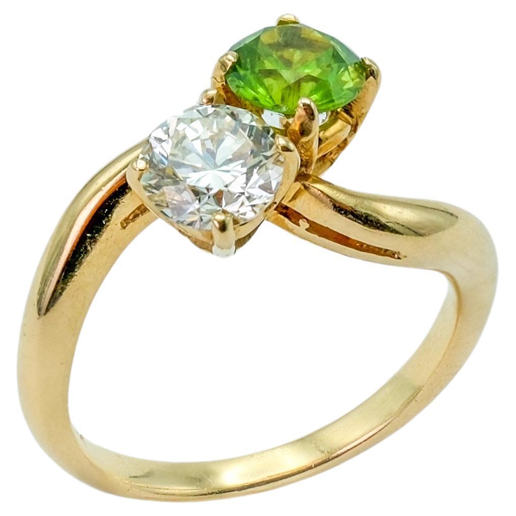 Demantoid Garnet and Diamond Toi Et Moi Bypass 14 Karat Ring For Sale