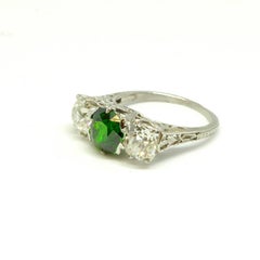 Demantoid Garnet and Old Cut Diamond Three-Stone Platinum Ring, circa 1920s