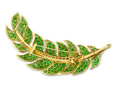 Demantoid Garnet and Yellow Diamond Leaf Brooch, 58.24 Carat