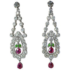 Demantoid Garnet, Burma Ruby and Diamond Eighteen Karat White Gold Drop Earrings