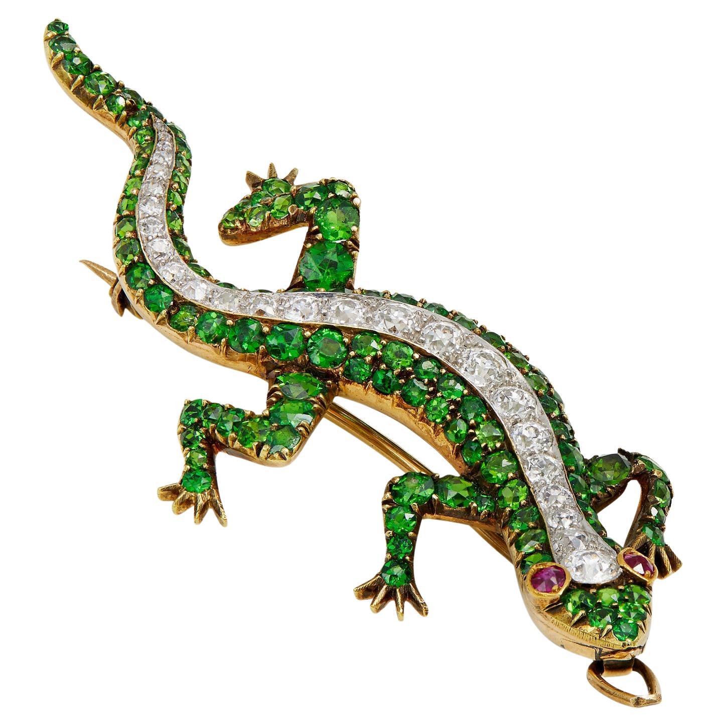 Demantoid Garnet & Diamond Antique Lizard Pin Pendant 18k