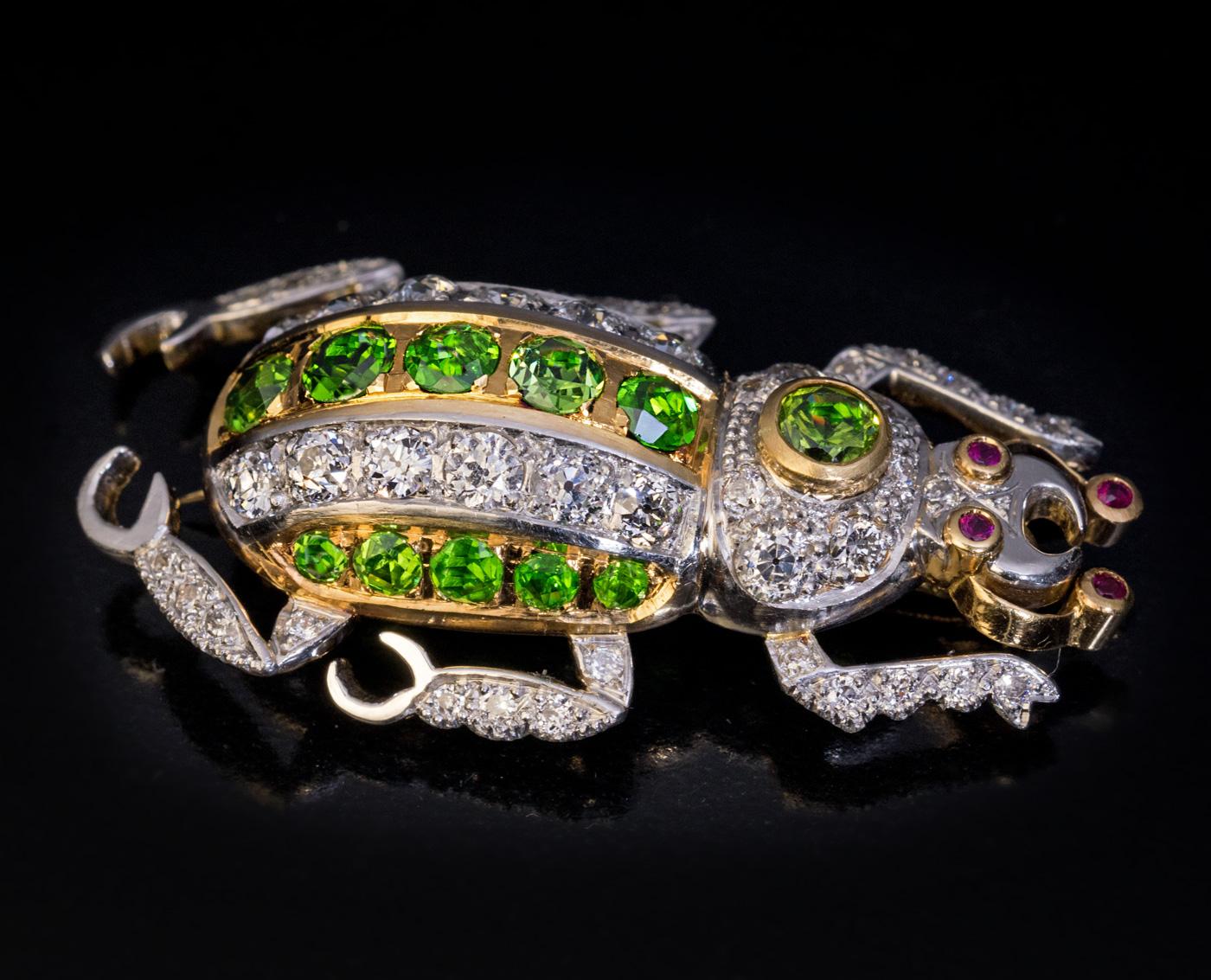 Demantoid Garnet Diamond Platinum Gold Insect Beetle Pin In Excellent Condition In Chicago, IL