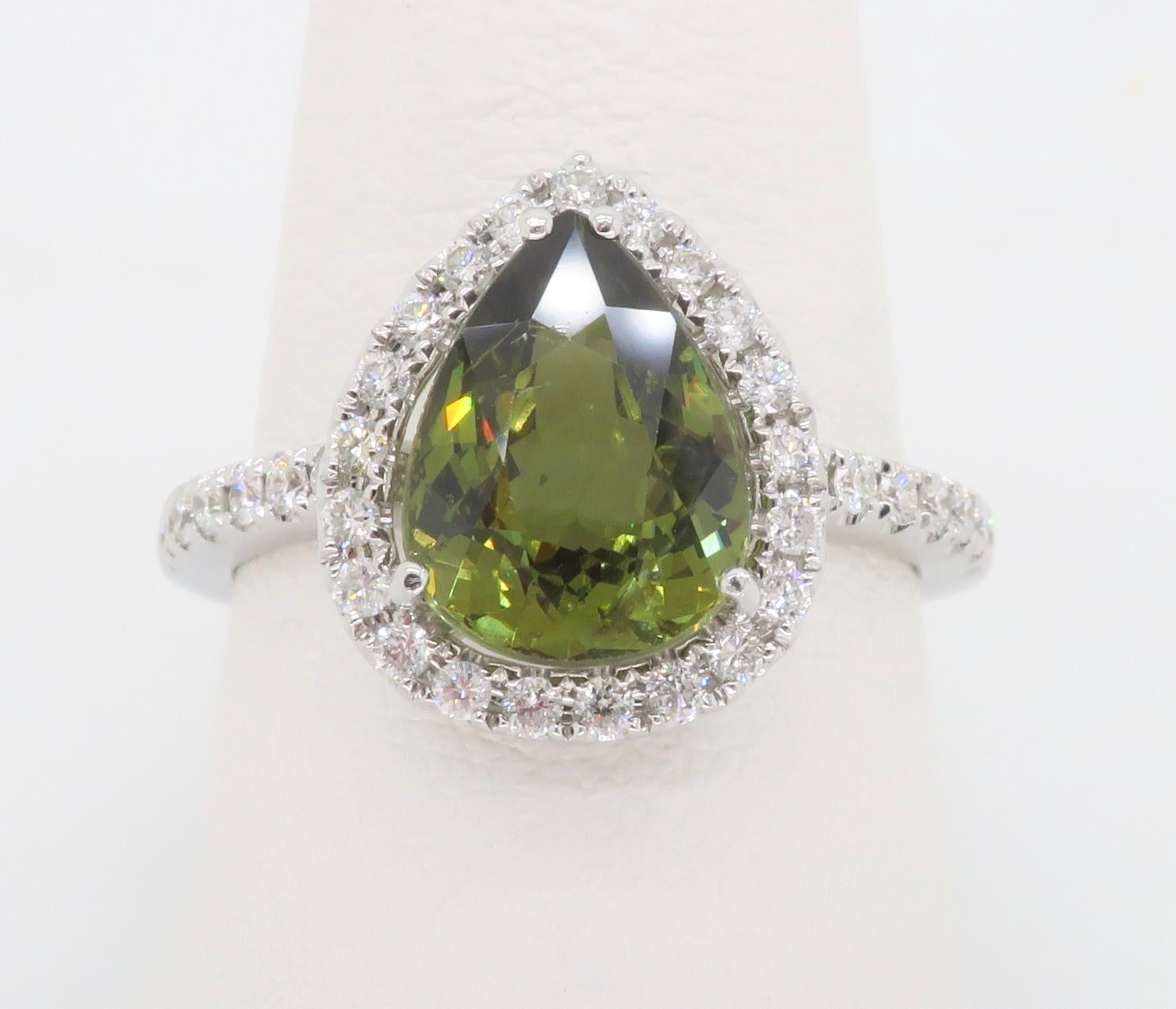 Pear Cut Demantoid Garnet & Diamond Ring Crafted in 18k White Gold For Sale
