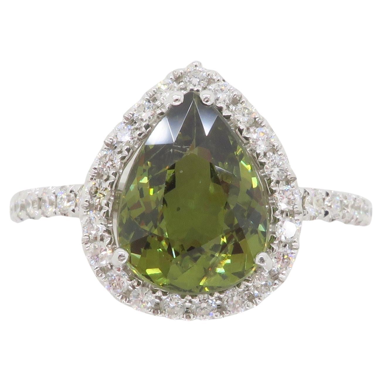 Demantoid Garnet & Diamond Ring Crafted in 18k White Gold For Sale