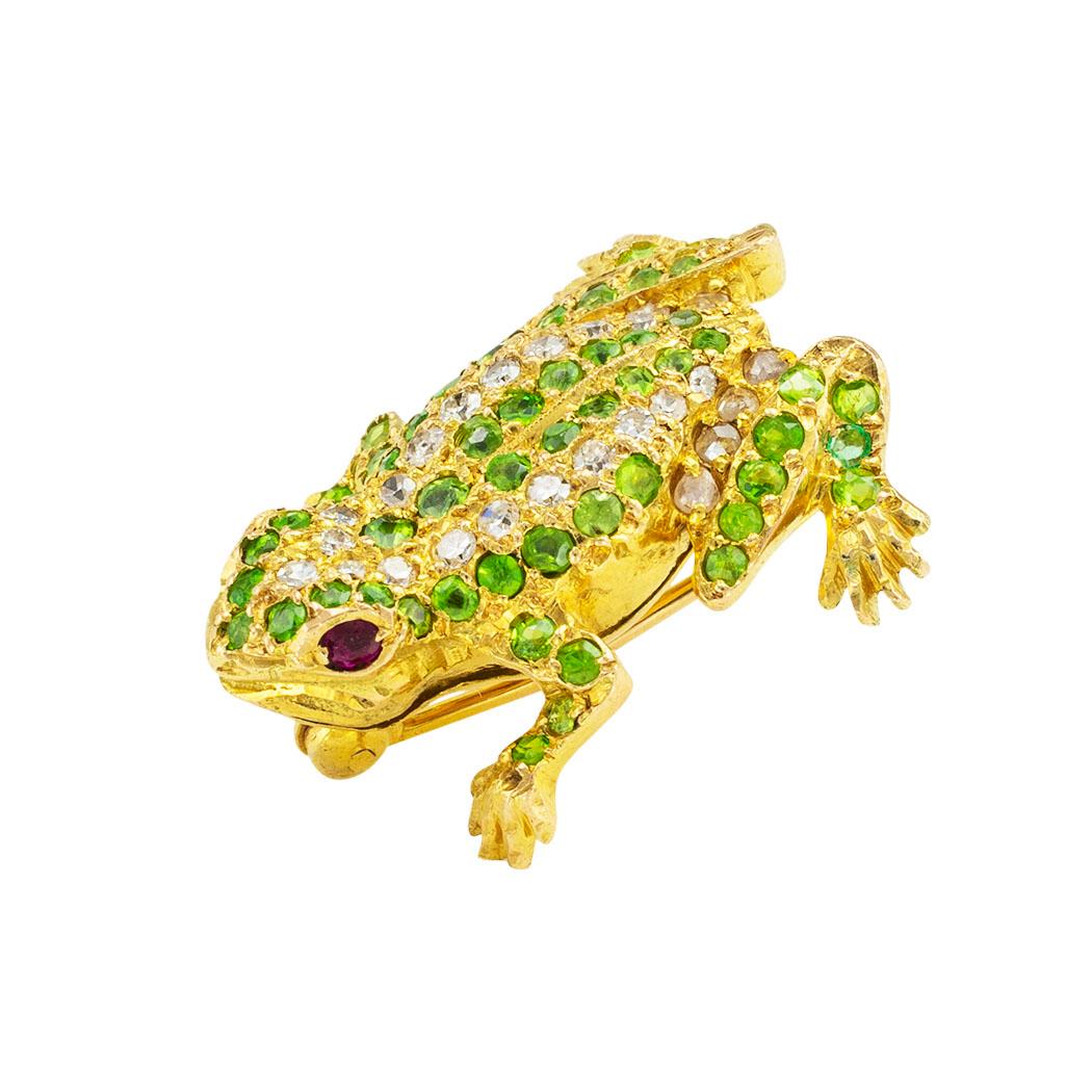 Mixed Cut Demantoid Garnet Diamond Ruby Yellow Gold Frog Brooch