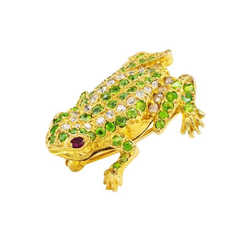 Mixed Cut Demantoid Garnet Diamond Ruby Yellow Gold Frog Brooch