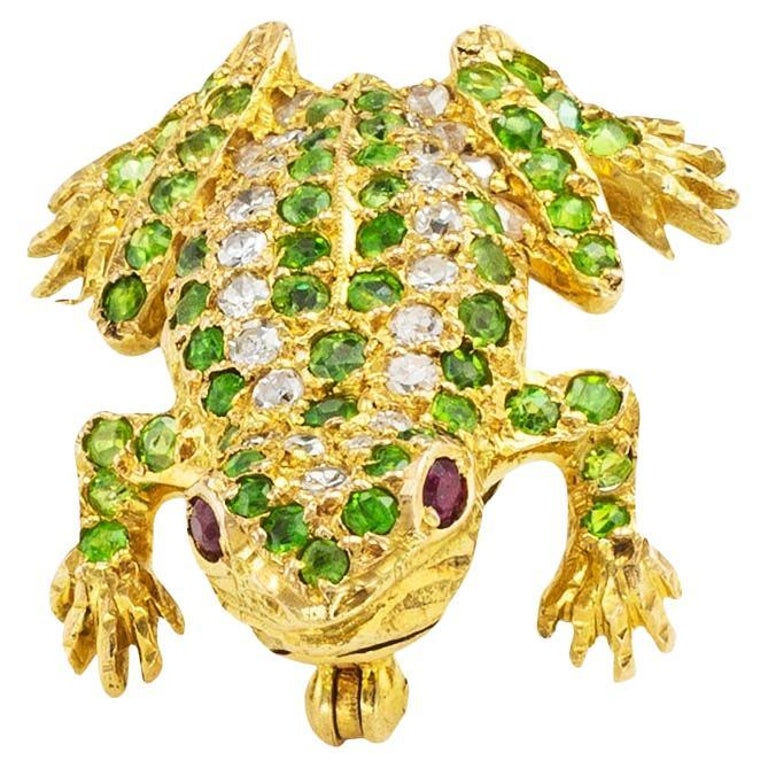 Demantoid Garnet Diamond Ruby Yellow Gold Frog Brooch