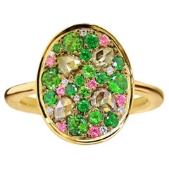 Demantoid Garnet Olive Green Rose-Cut Diamond Intense Pink Spinel Mosaic Ring