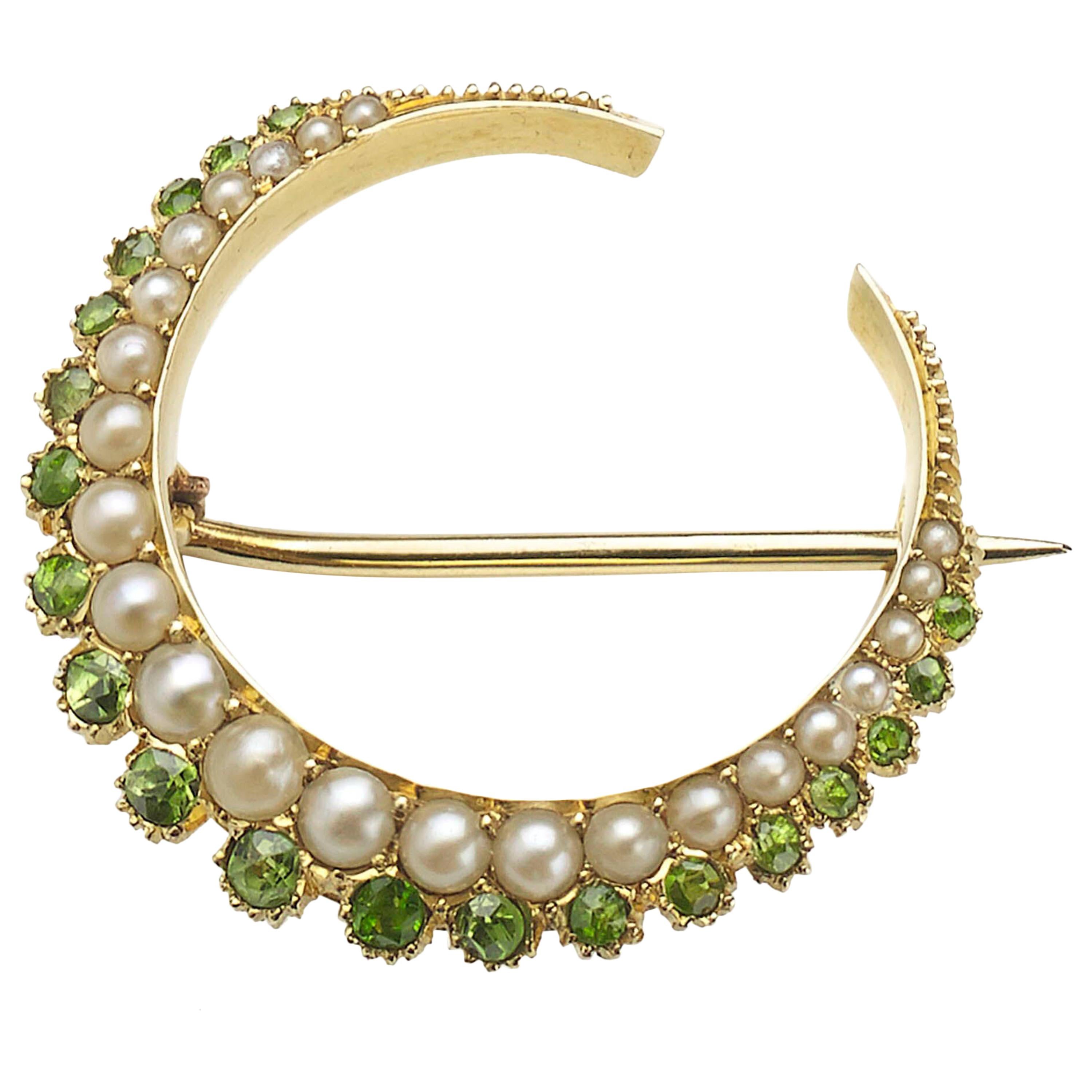 Demantoid Garnet, Pearl and Gold Crescent Brooch, circa 1875