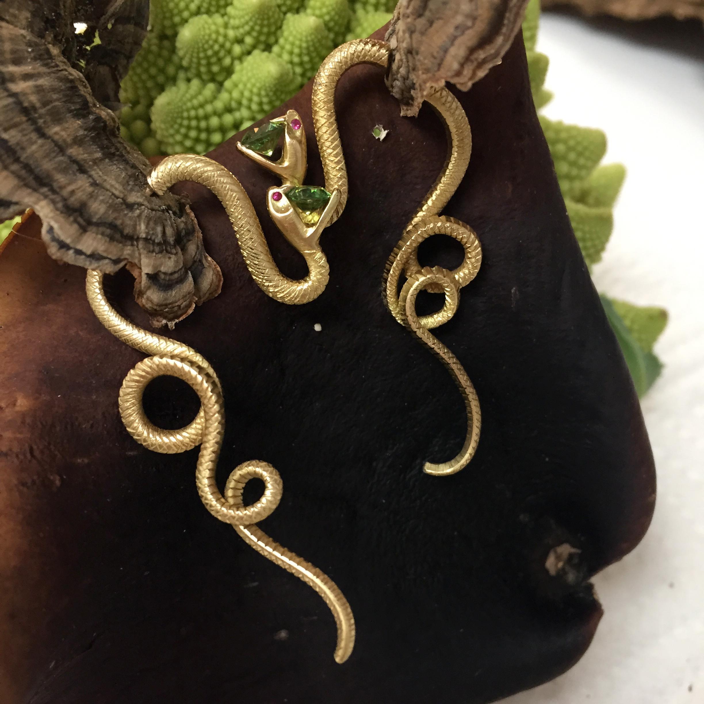 Artist Demantoid Garnet, Ruby and 22 Karat Gold Snake Earrings For Sale