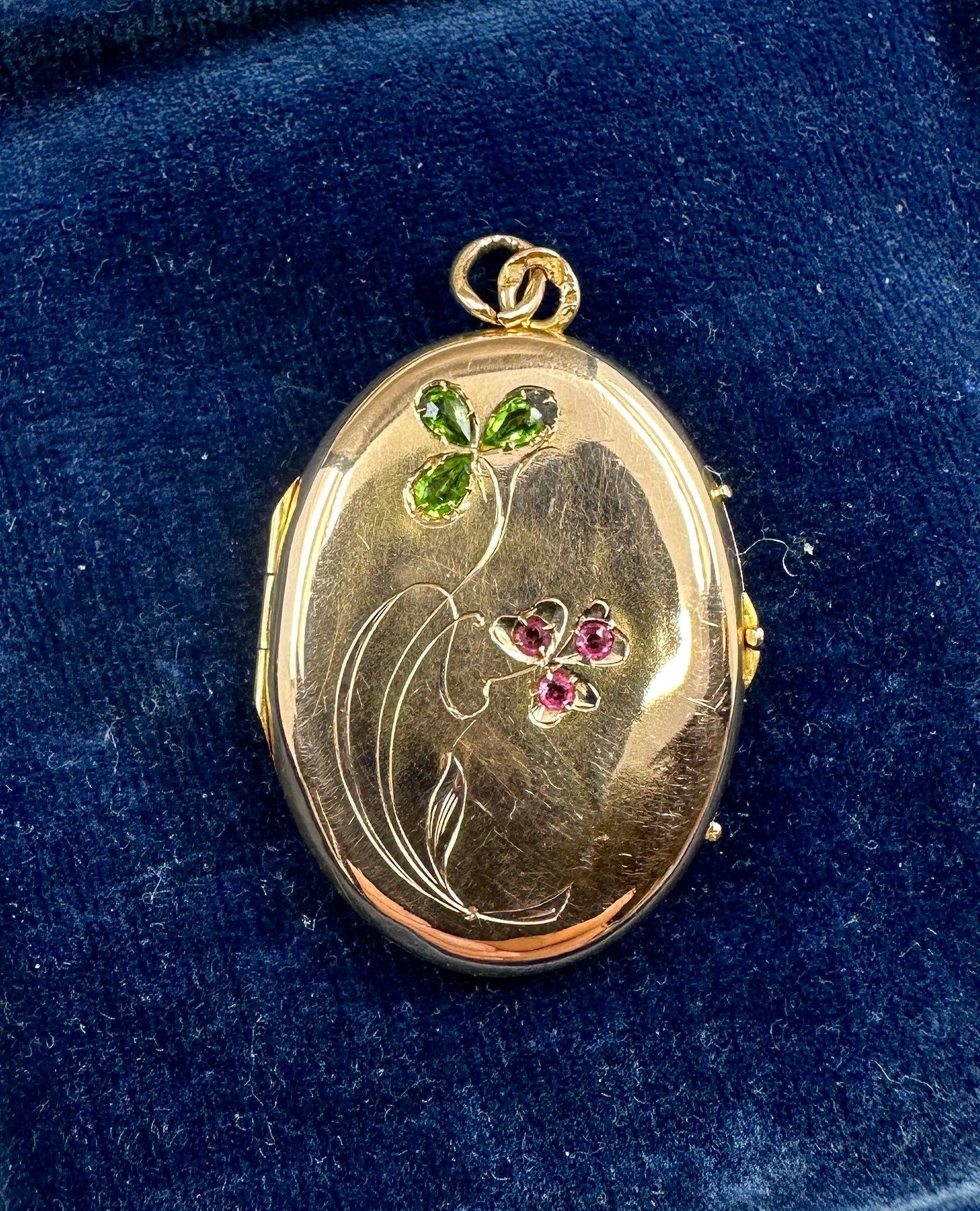 Concediti uno splendido e rarissimo ciondolo a forma di medaglione in stile Art Nouveau - Vittoriano - Belle Epoque, con gemme di granato demantoide e rubino in un disegno floreale. Il medaglione è in oro caldo 10-12 carati. La splendida immagine