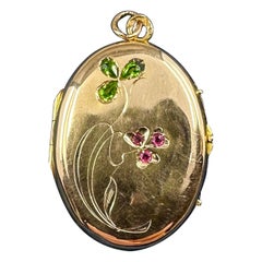 Demantoid Garnet Ruby Flower Locket Pendant Necklace Art Nouveau Gold Antique