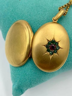 Demantoid Green and Red Garnet Locket Necklace Antique Victorian Gold Filled