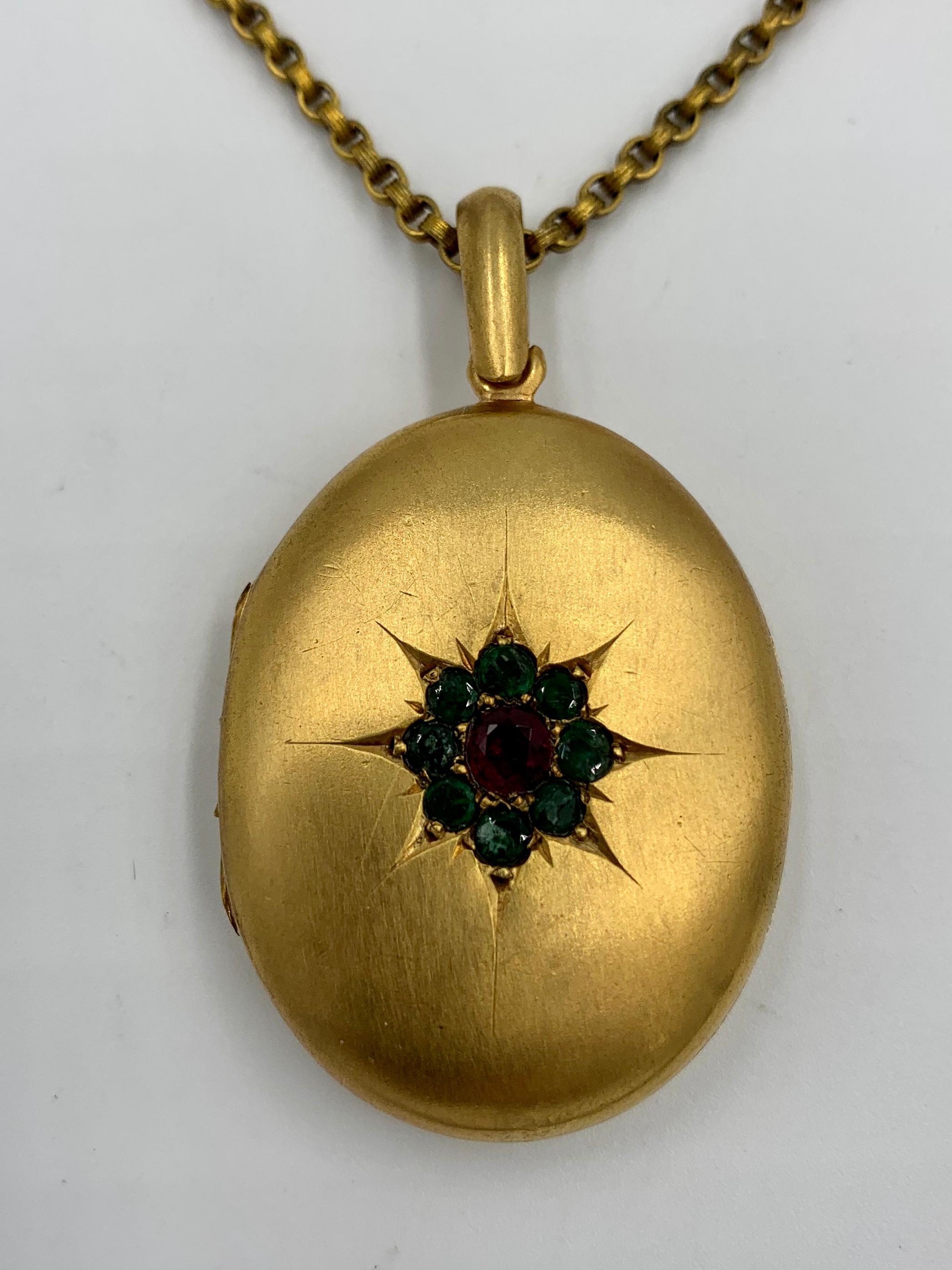 Round Cut Demantoid Green and Red Garnet Locket Necklace Antique Victorian Gold Filled