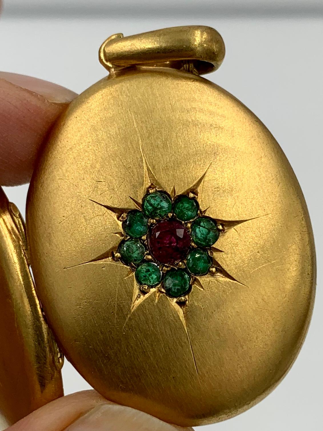 Demantoid Green and Red Garnet Locket Necklace Antique Victorian Gold Filled In Good Condition In New York, NY