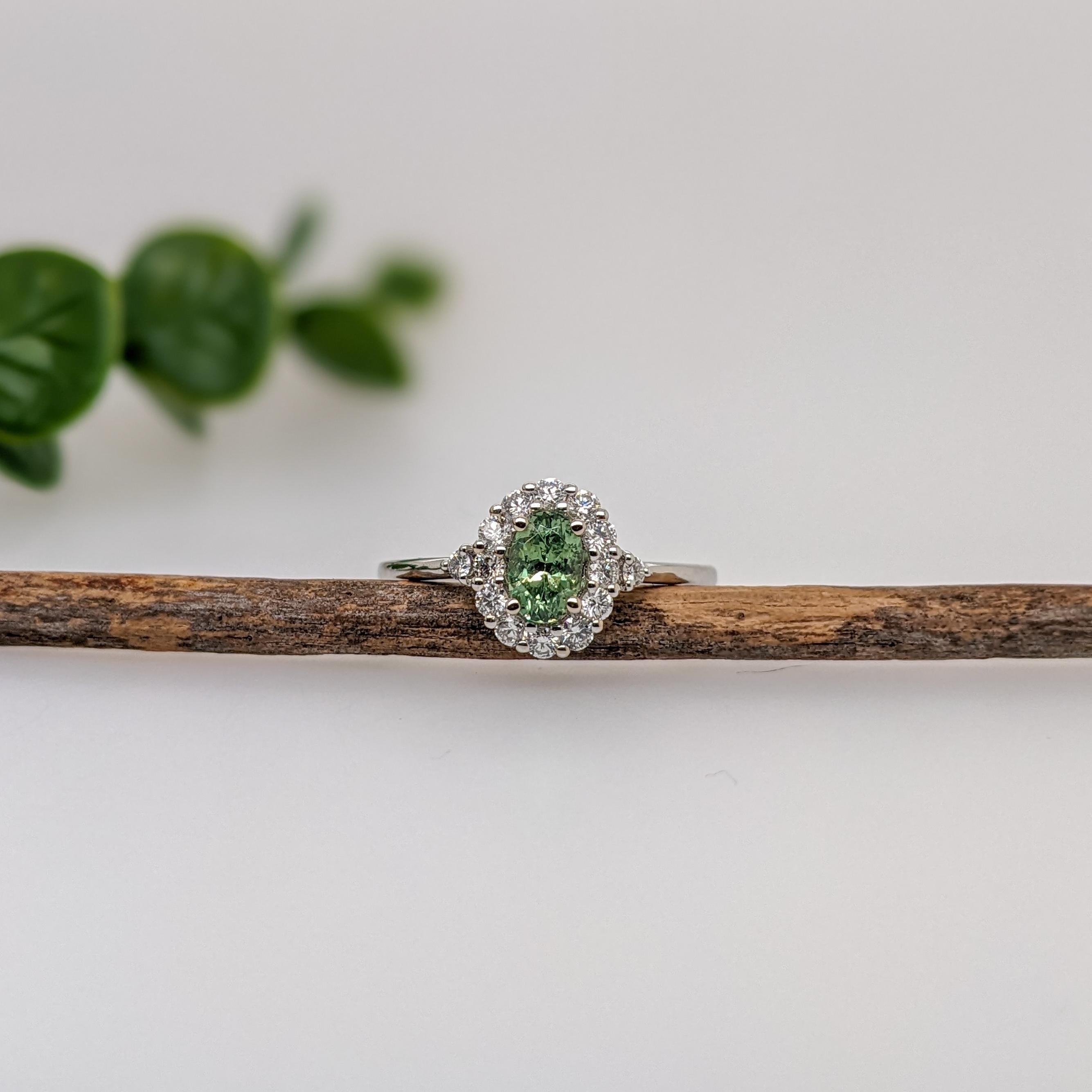 Modern Demantoid Ring w Earth Mined Diamonds in Solid 14K White Gold Oval 6x4mm For Sale