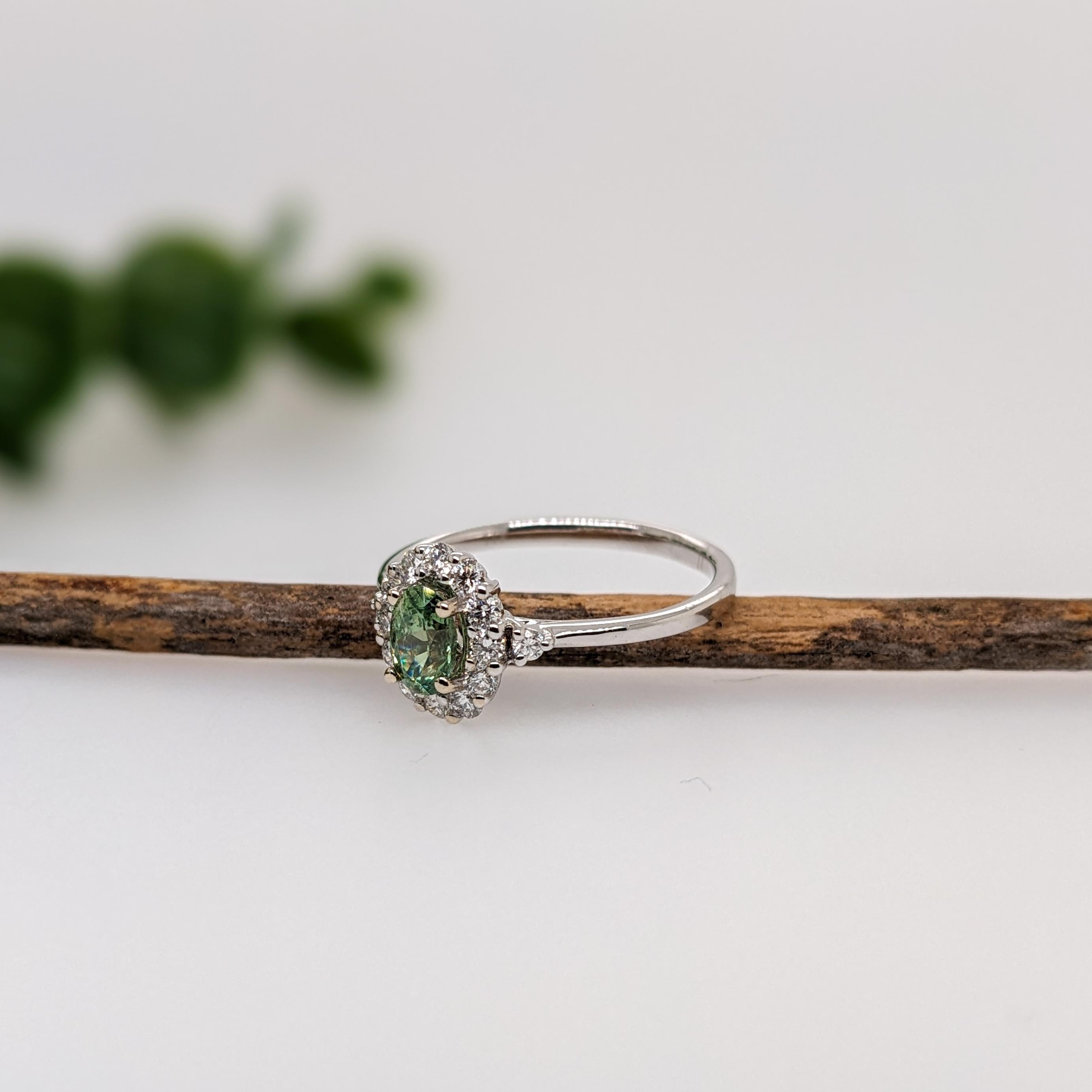 Oval Cut Demantoid Ring w Earth Mined Diamonds in Solid 14K White Gold Oval 6x4mm For Sale