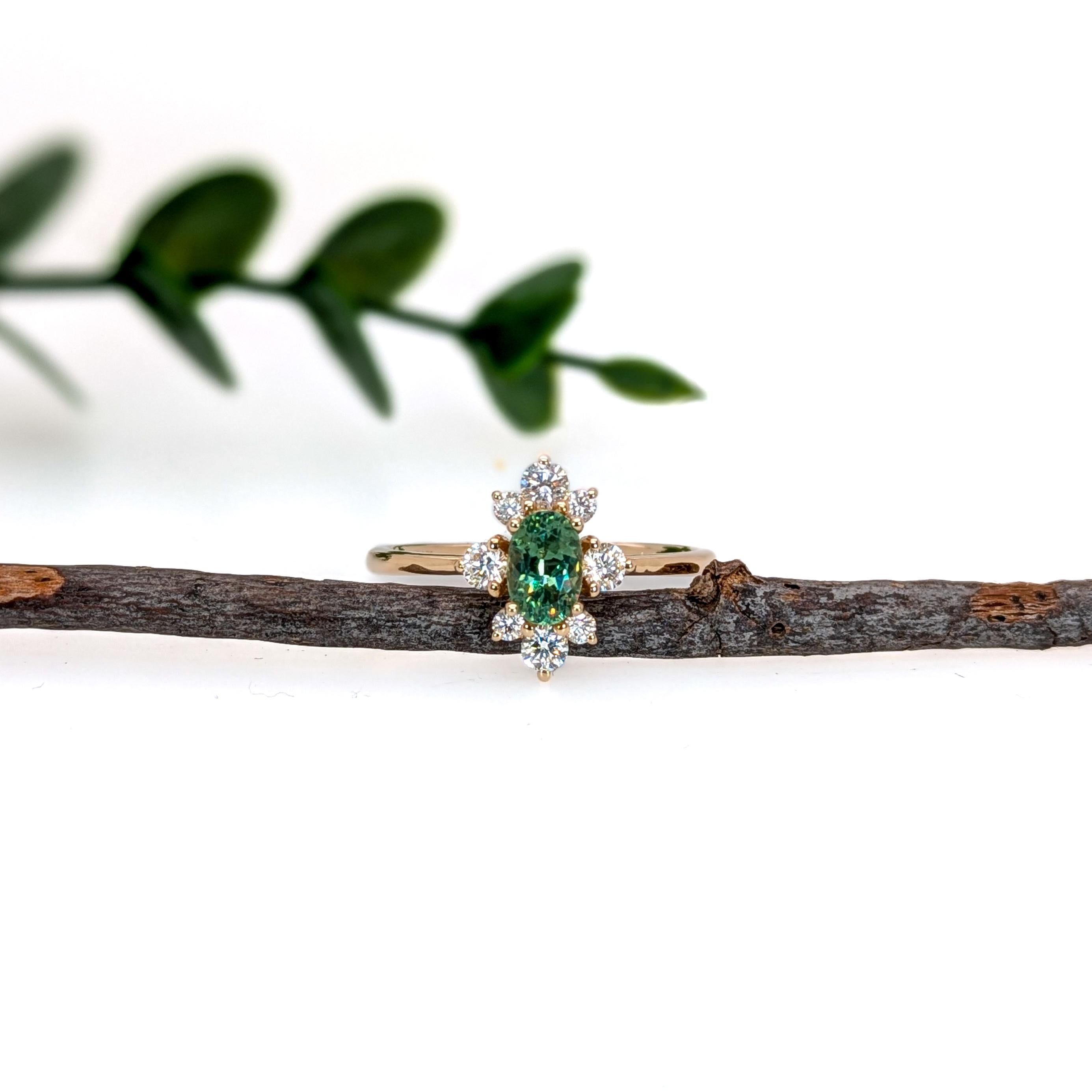 Modern Demantoid Ring w Earth Mined Diamonds in Solid 14K Yellow Gold Oval 6x4mm For Sale