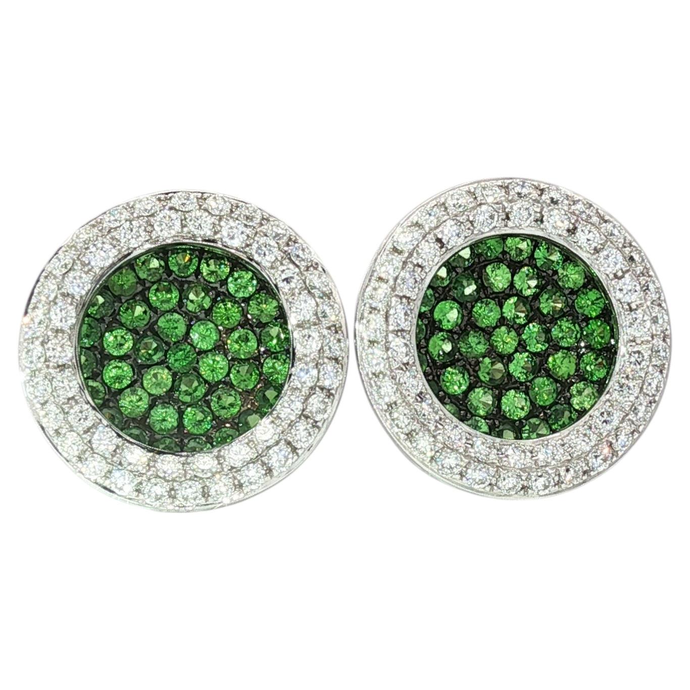 Demantoid stud earrings with diamonds in 18k white gold