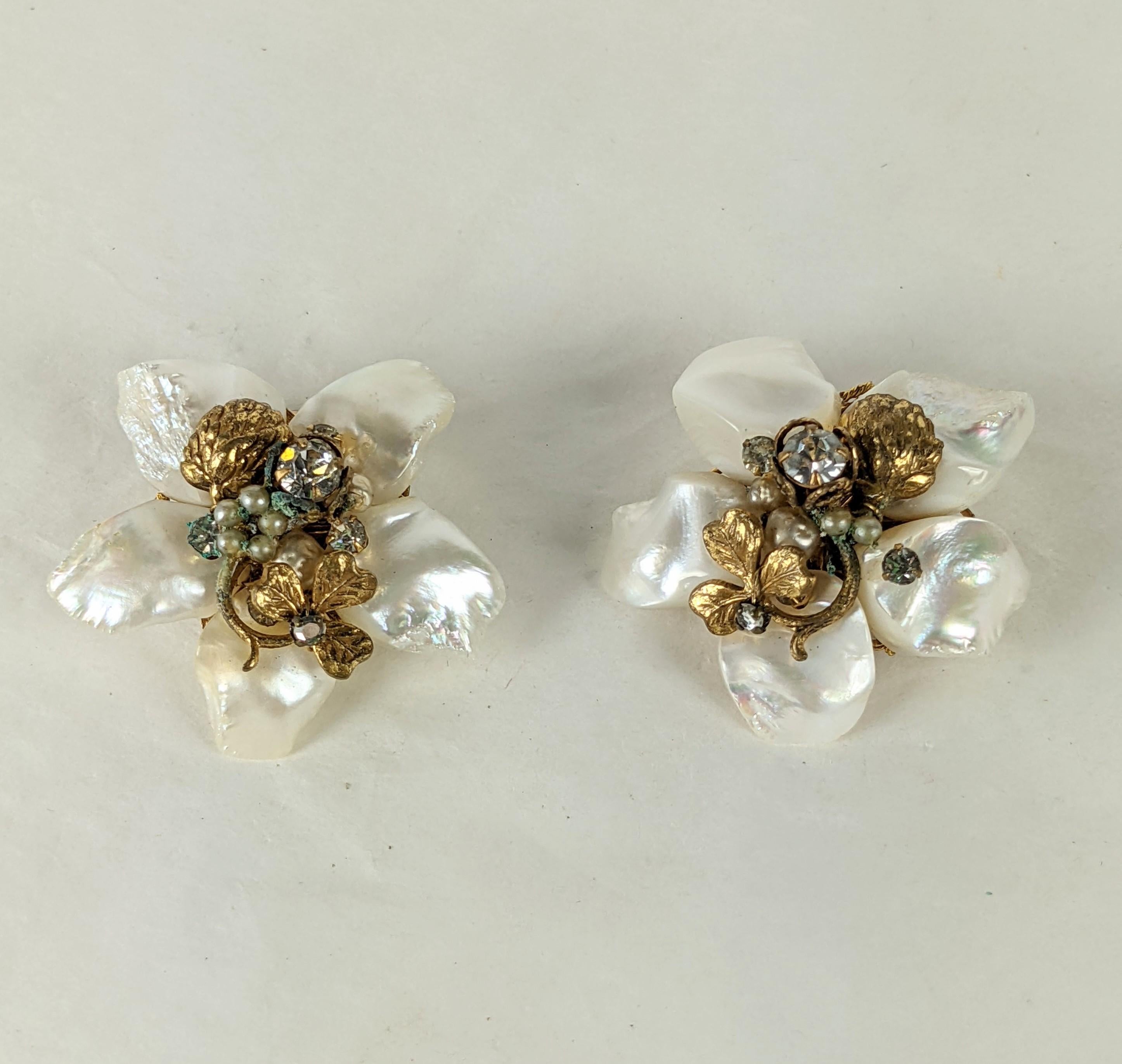 Art Deco DeMario Mother of Pearl Flower Earrings For Sale