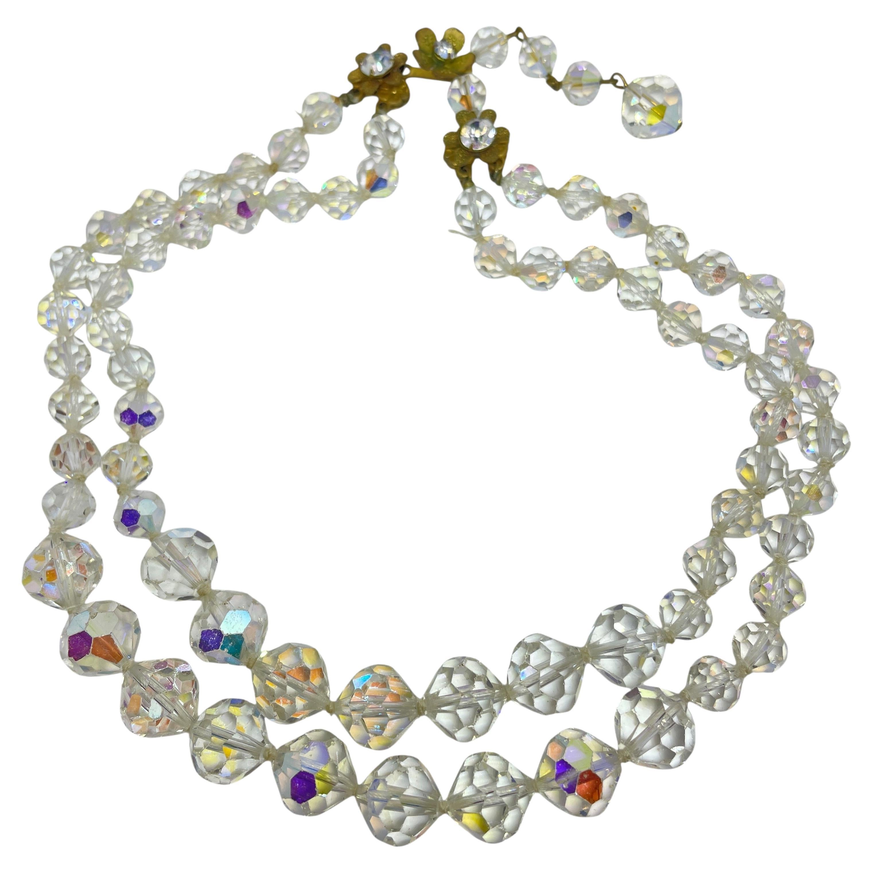 DEMARIO signed vintage gold tone ab crystal multi strand designer necklace