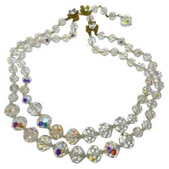 DEMARIO signed vintage gold tone ab crystal multi strand designer necklace