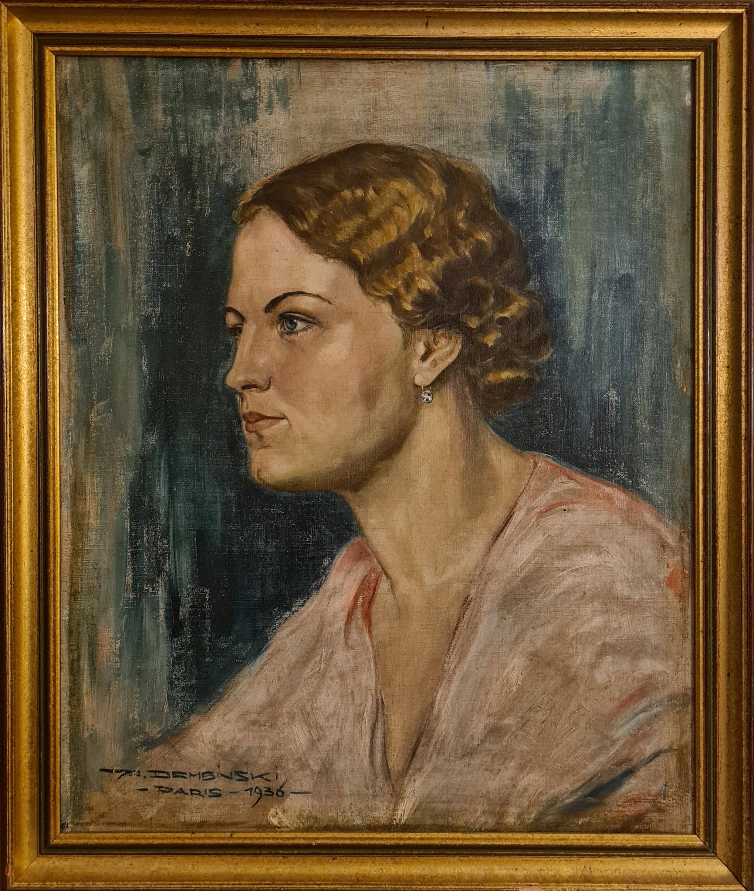 French 1930s Art Deco Society Portrait, Lady with a Diamond Earring For Sale 1