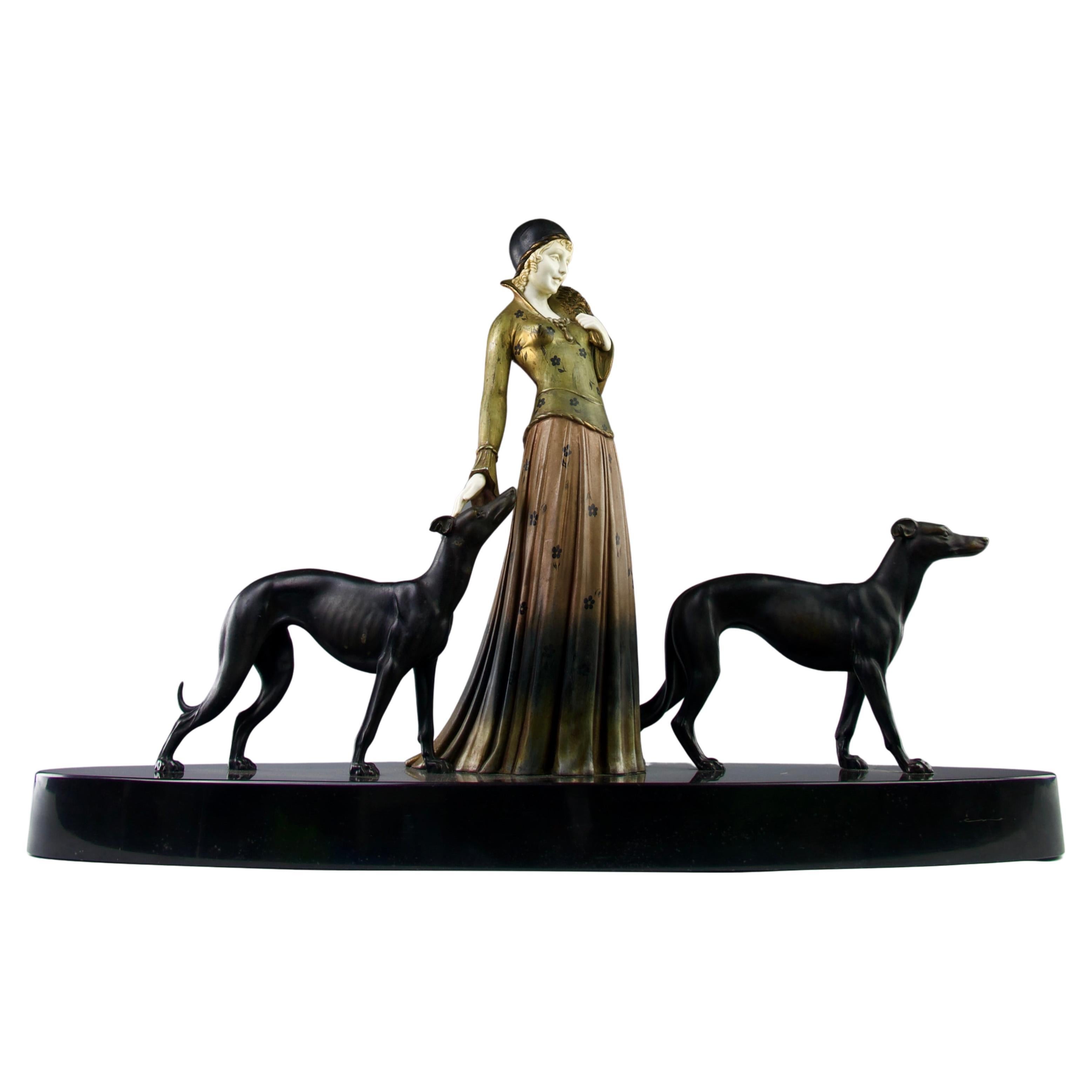 Demeter Haralamb Chiparus '1886-1947', "Woman and her Greyhounds", 1920s For Sale
