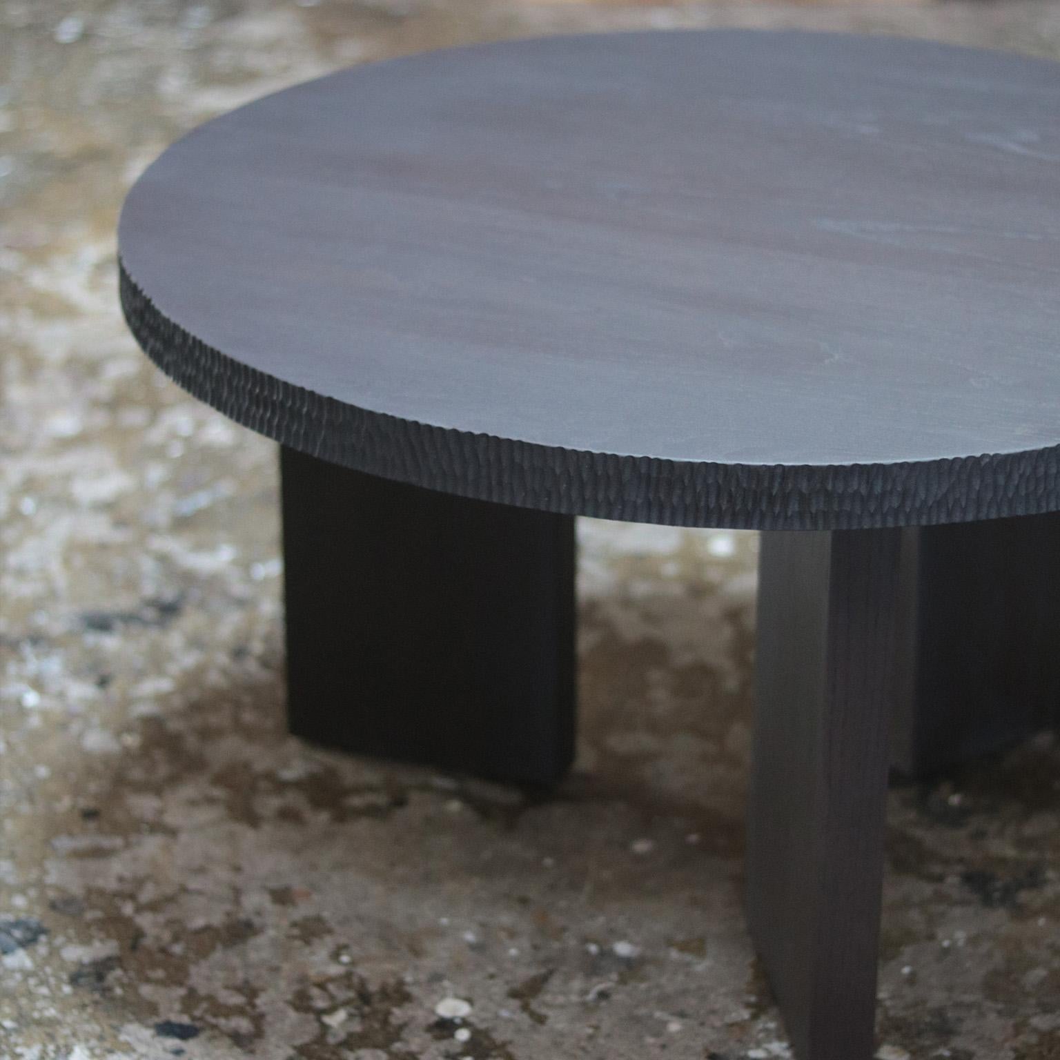 Organic Modern Demeter Round Wood Coffee Table With Textured Edge Details For Sale