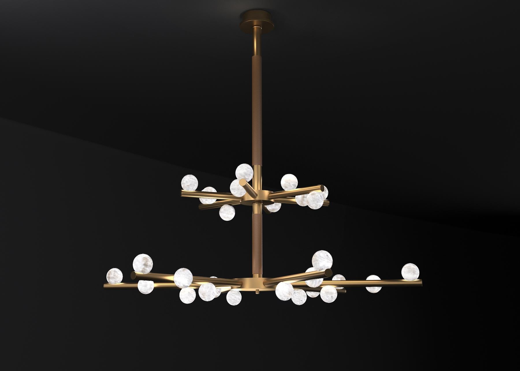 Demetra Bronze Double Chandelier by Alabastro Italiano
Dimensions: D 85 x W 97 x H 96 cm.
Materials: White alabaster, bronze and leather.

Available in different finishes: Shiny Silver, Bronze, Brushed Brass, Ruggine of Florence, Brushed Burnished,