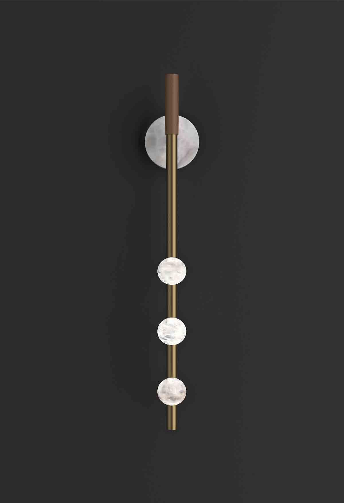 Demetra Bronze Wall Lamp by Alabastro Italiano
Dimensions: D 9 x W 10 x H 60 cm.
Materials: White alabaster, bronze and leather.

Available in different finishes: Shiny Silver, Bronze, Brushed Brass, Ruggine of Florence, Brushed Burnished, Shiny