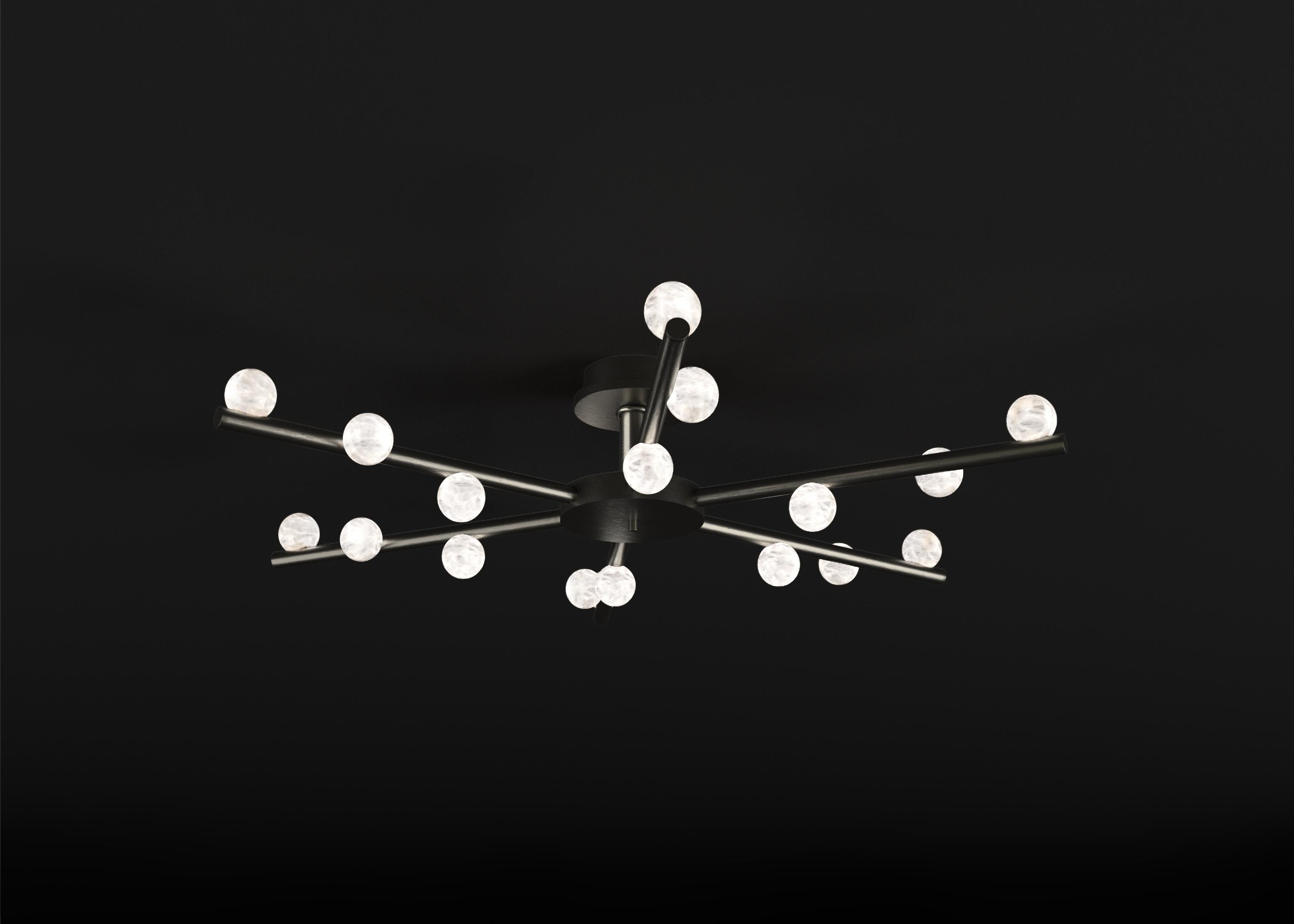 Demetra Brushed Black Metal Ceiling Lamp by Alabastro Italiano
Dimensions: D 85 x W 97 x H 22 cm.
Materials: White alabaster and brushed black metal.

Available in different finishes: Shiny Silver, Bronze, Brushed Brass, Ruggine of Florence, Brushed