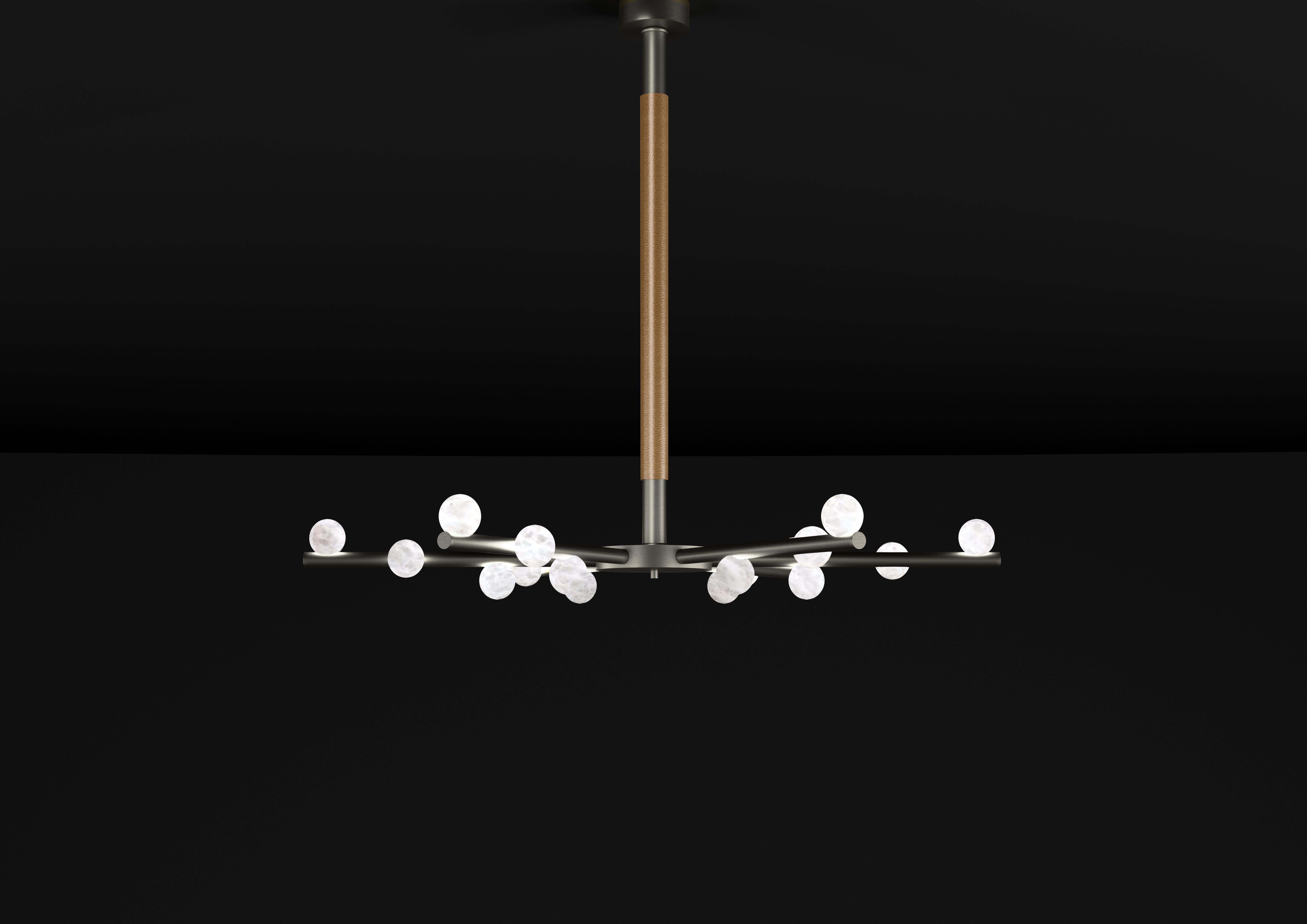 Demetra Brushed Black Metal Chandelier by Alabastro Italiano
Dimensions: D 85 x W 97 x H 85 cm.
Materials: White alabaster, brushed black metal and leather.

Available in different finishes: Shiny Silver, Bronze, Brushed Brass, Ruggine of Florence,