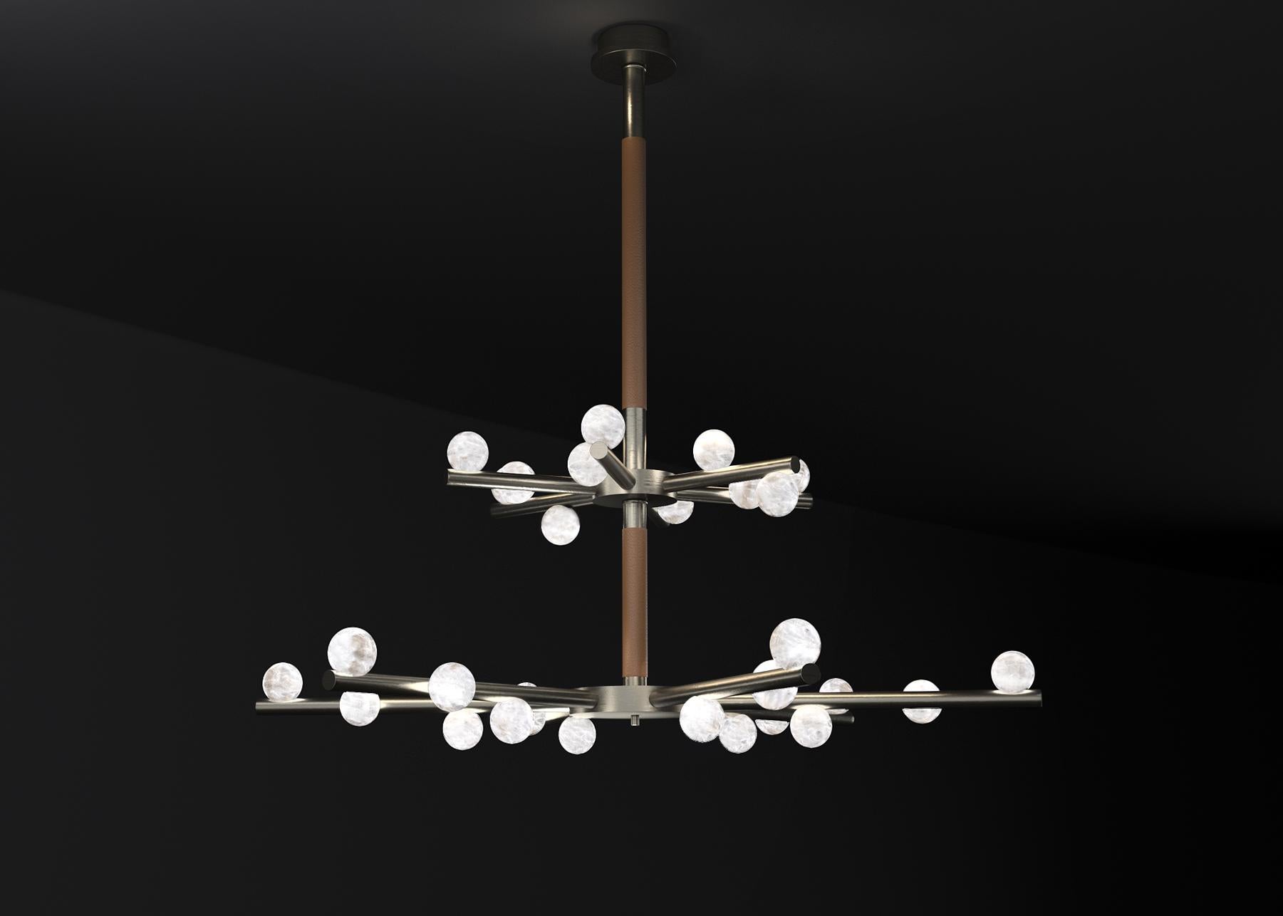 Demetra Brushed Black Metal Double Chandelier by Alabastro Italiano
Dimensions: D 85 x W 97 x H 96 cm.
Materials: White alabaster, brushed black metal and leather.

Available in different finishes: Shiny Silver, Bronze, Brushed Brass, Ruggine of