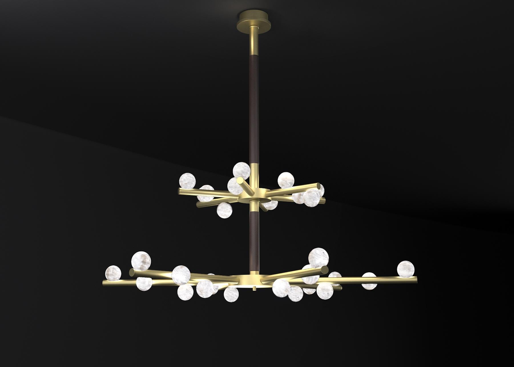 Demetra Brushed Brass Double Chandelier by Alabastro Italiano
Dimensions: D 85 x W 97 x H 96 cm.
Materials: White alabaster, brushed brass and leather.

Available in different finishes: Shiny Silver, Bronze, Brushed Brass, Ruggine of Florence,