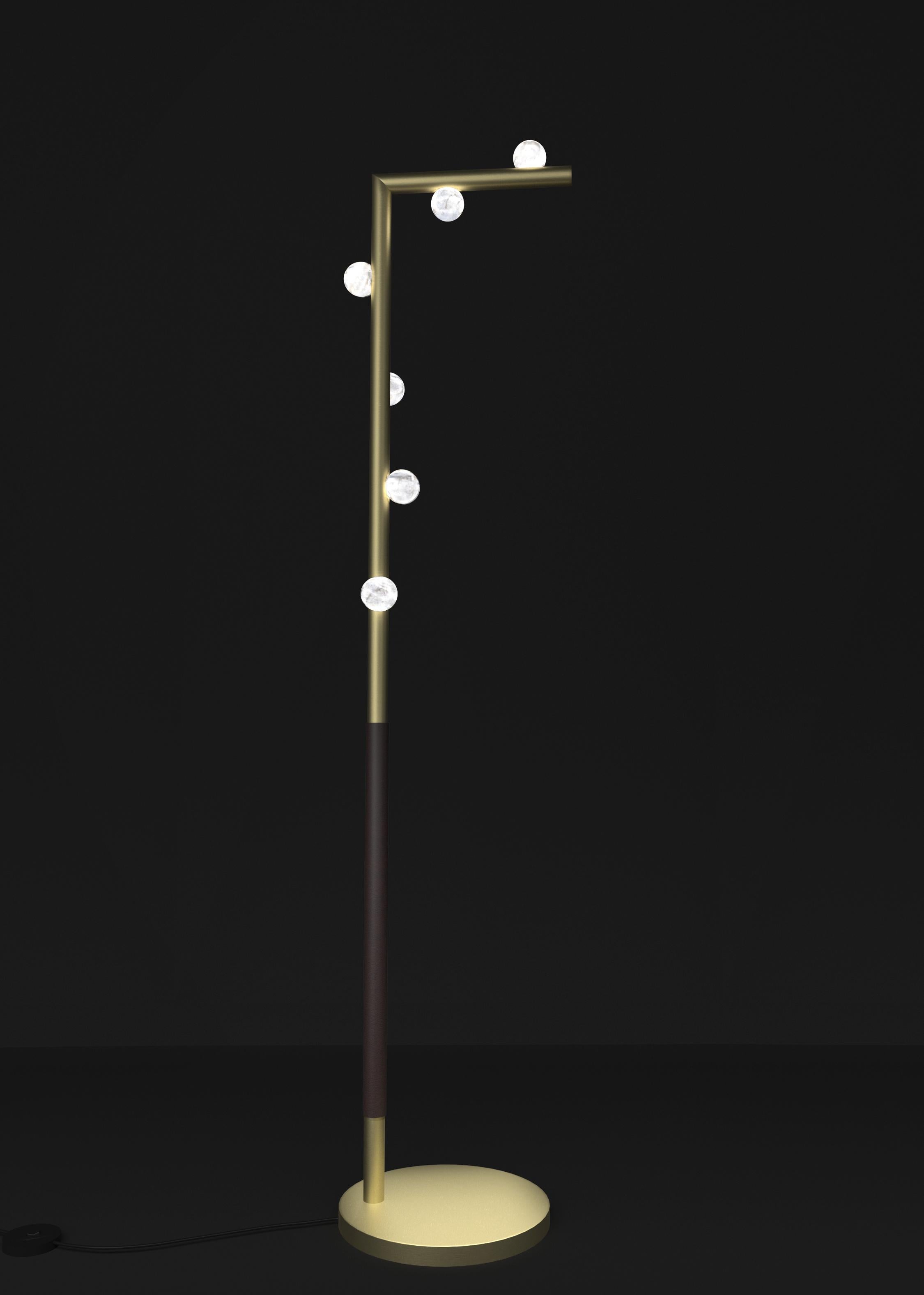 Demetra Brushed Brass Floor Lamp by Alabastro Italiano
Dimensions: D 30 x W 37 x H 158 cm.
Materials: White alabaster, brass and leather.

Available in different finishes: Shiny Silver, Bronze, Brushed Brass, Ruggine of Florence, Brushed Burnished,