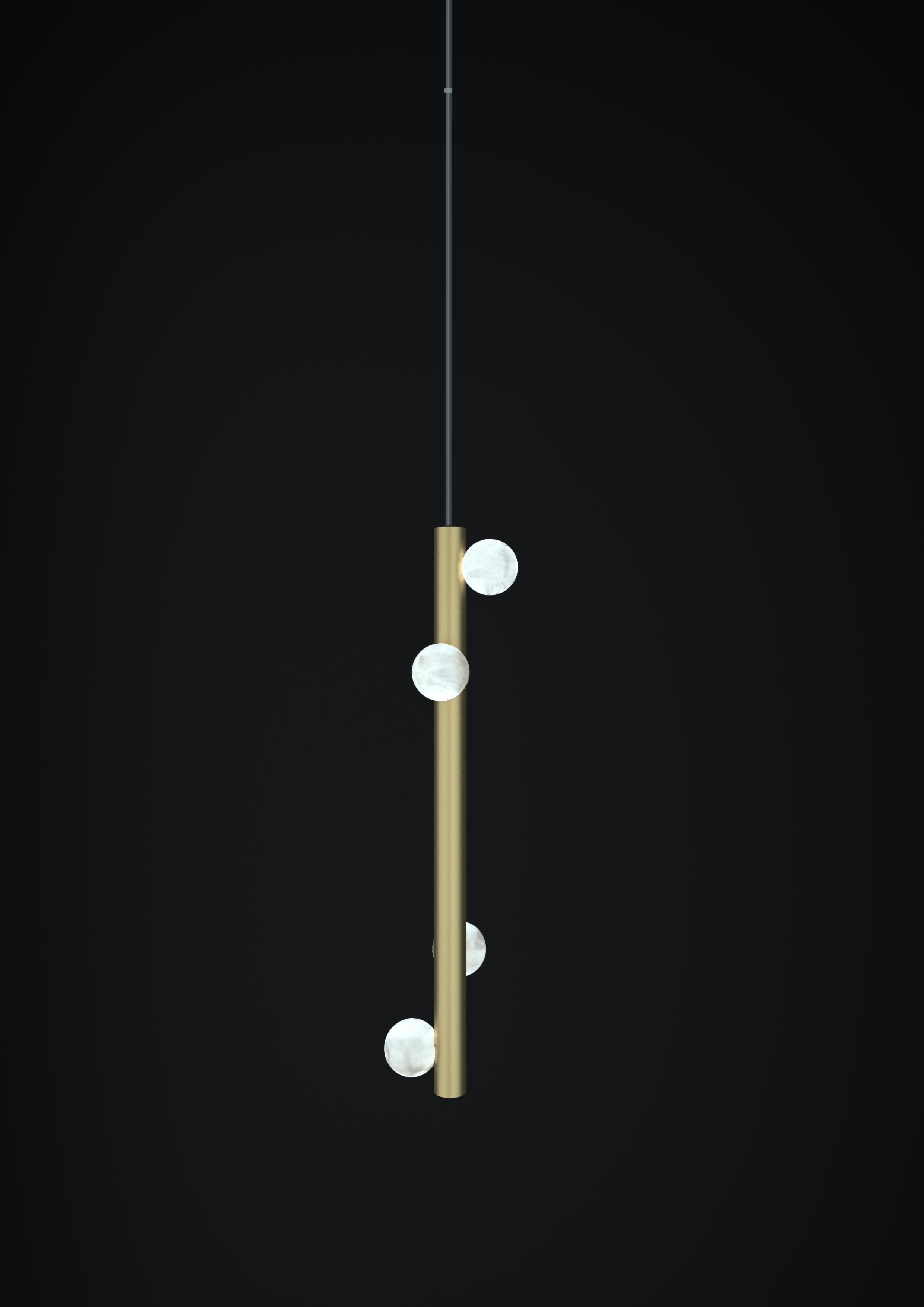 Demetra Brushed Brass Pendant Lamp 2 by Alabastro Italiano
Dimensions: D 12 x W 12 x H 60 cm.
Materials: White alabaster and brushed brass.

Available in different finishes: Shiny Silver, Bronze, Brushed Brass, Ruggine of Florence, Brushed
