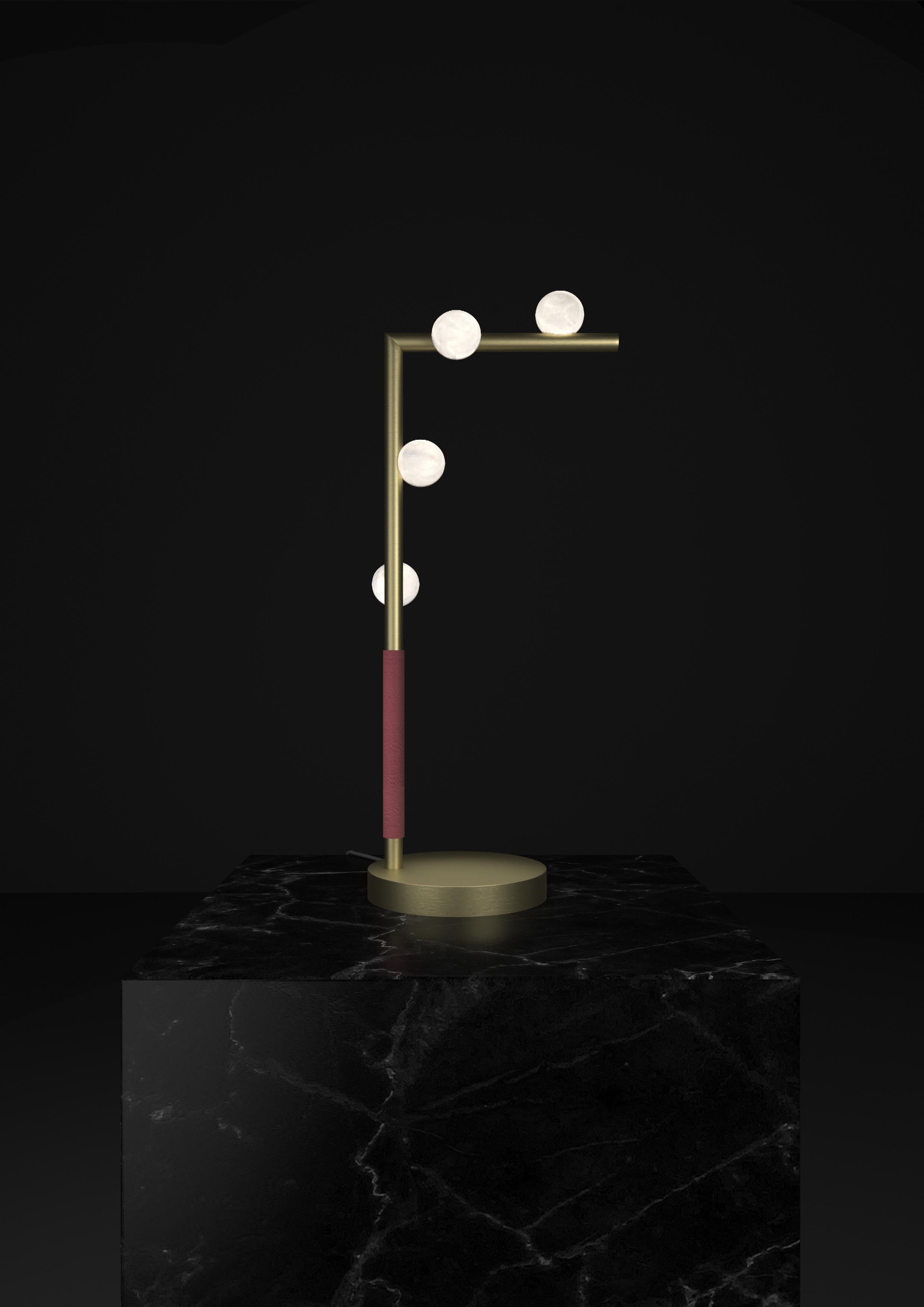 Demetra Brushed Brass Table Lamp by Alabastro Italiano
Dimensions: D 20 x W 35 x H 67 cm.
Materials: White alabaster, brass and leather.

Available in different finishes: Shiny Silver, Bronze, Brushed Brass, Ruggine of Florence, Brushed Burnished,