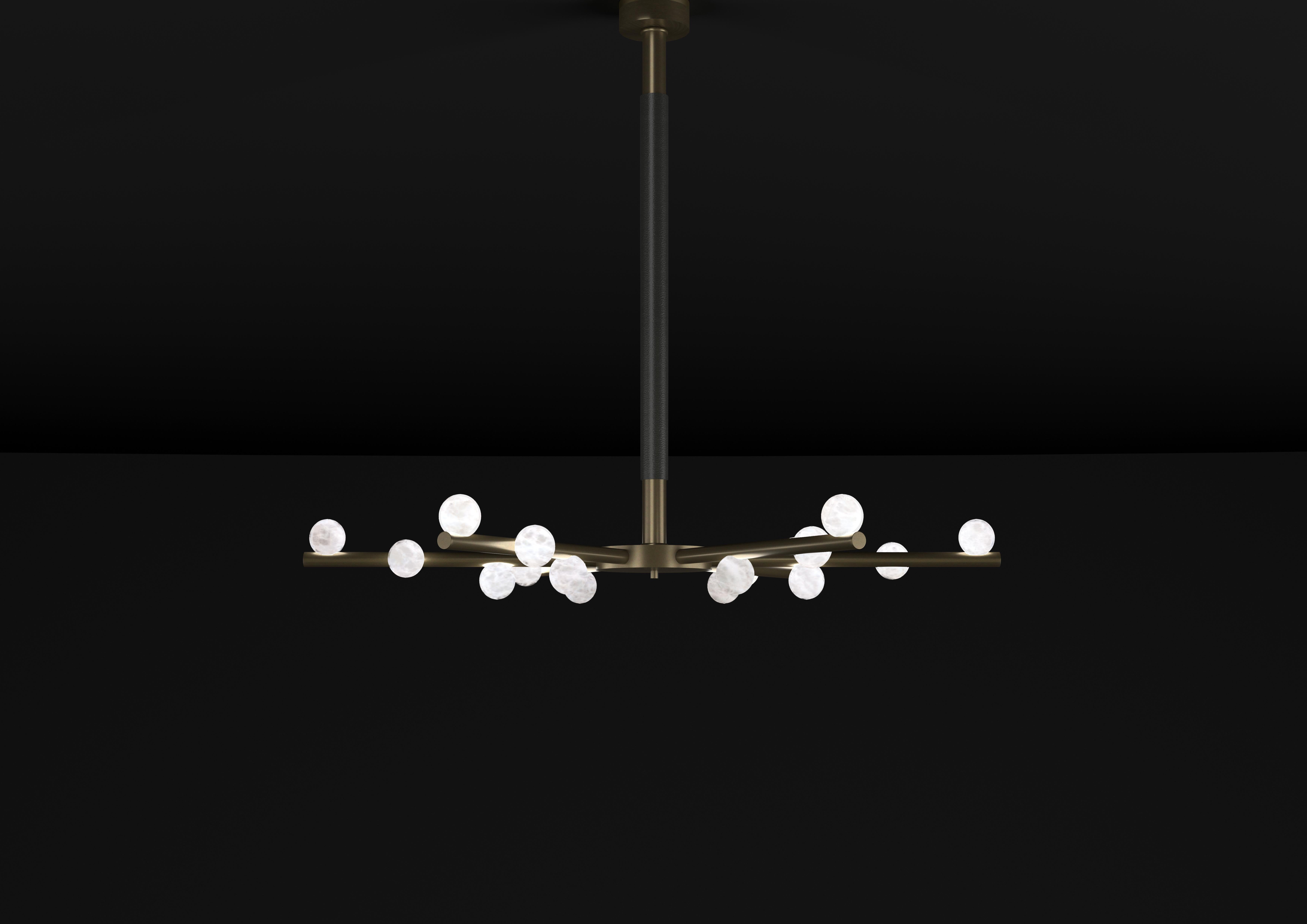 Demetra Brushed Burnished Metal Chandelier by Alabastro Italiano
Dimensions: D 85 x W 97 x H 85 cm.
Materials: White alabaster, brushed burnished metal and leather.

Available in different finishes: Shiny Silver, Bronze, Brushed Brass, Ruggine of